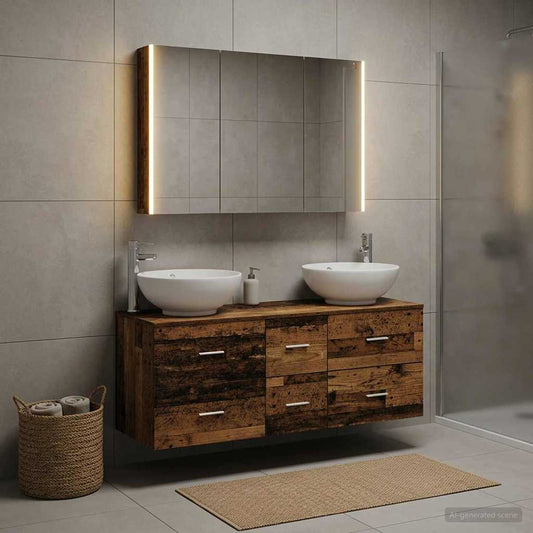 vidaXL Bathroom Furniture Set 4 pcs Old Wood Engineered Wood and Glass