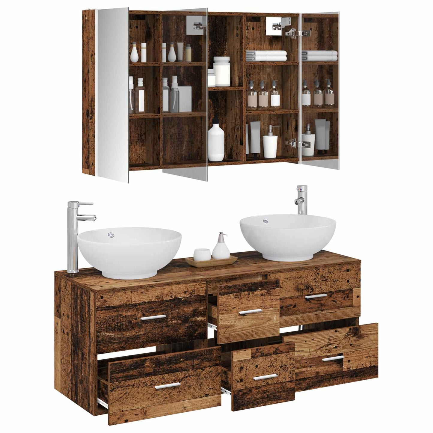 vidaXL Bathroom Furniture Set 4 pcs Old Wood Engineered Wood and Glass