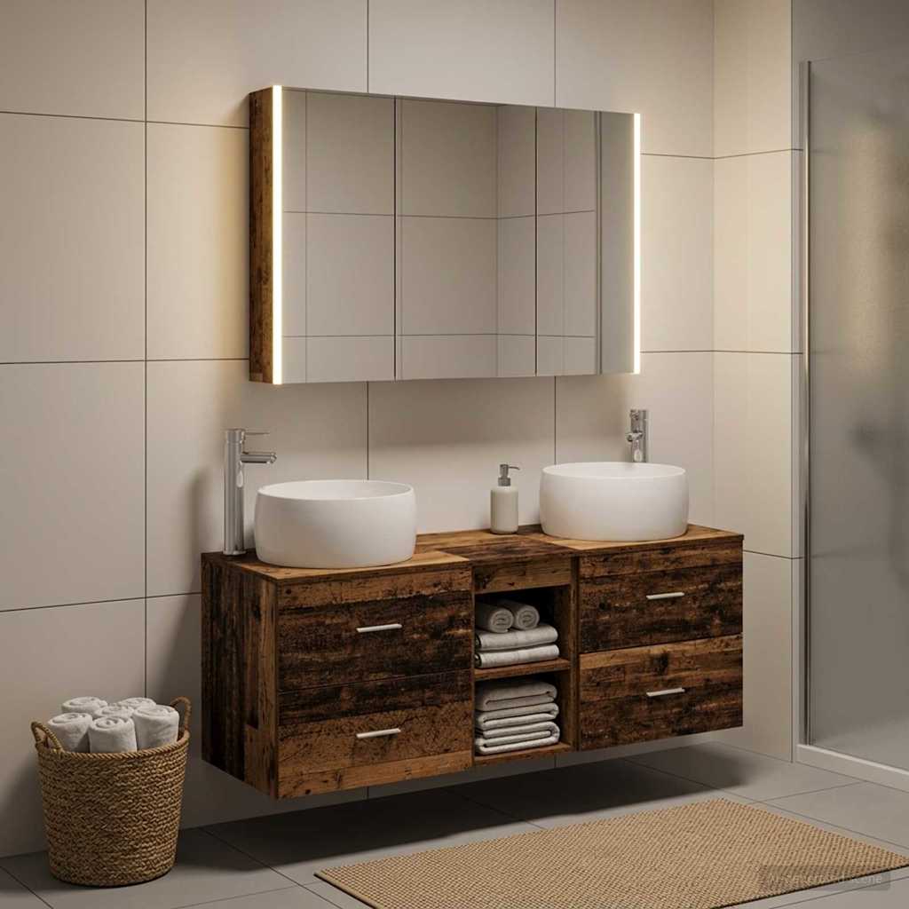 vidaXL Bathroom Furniture Set 4 pcs Old Wood Engineered Wood and Glass
