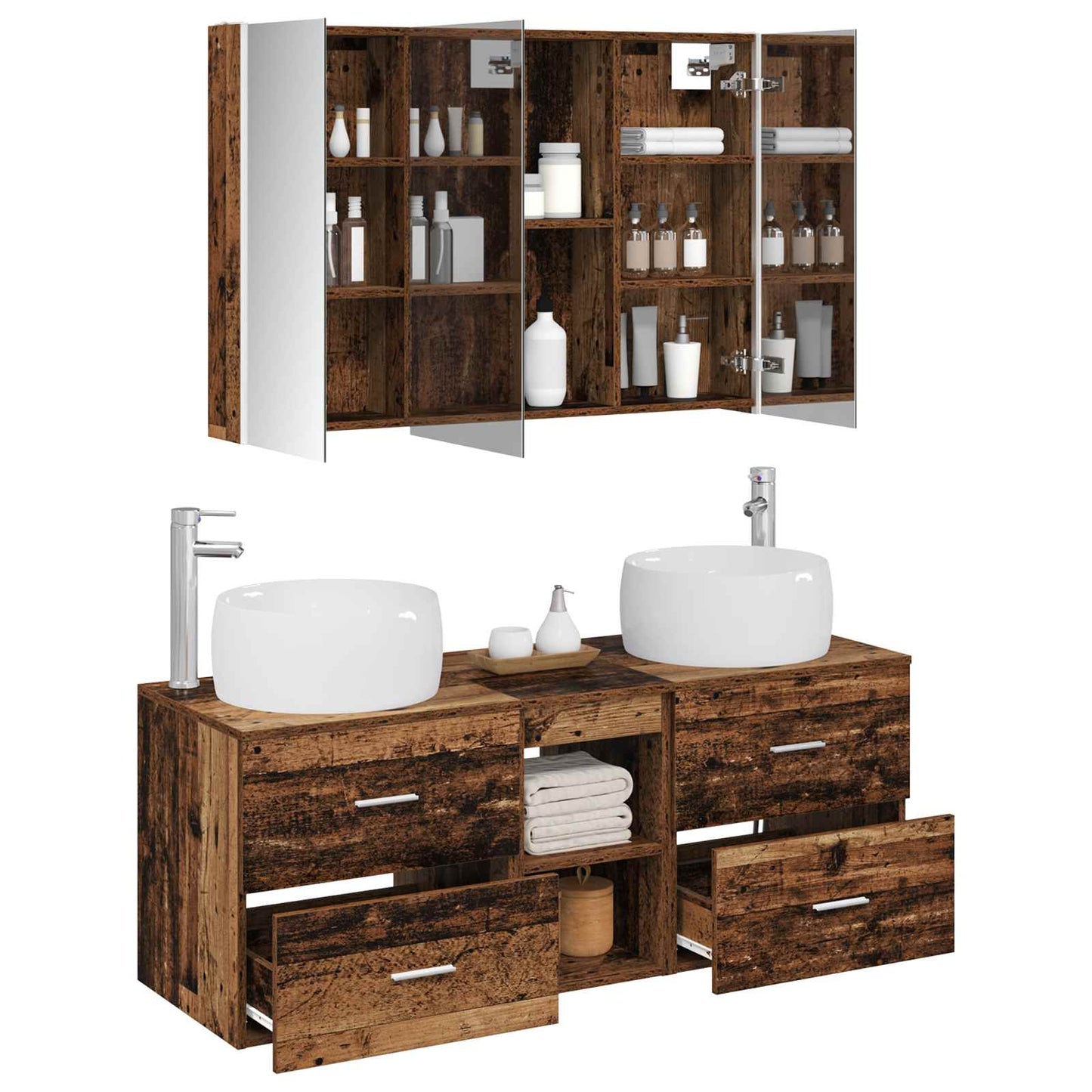 vidaXL Bathroom Furniture Set 4 pcs Old Wood Engineered Wood and Glass