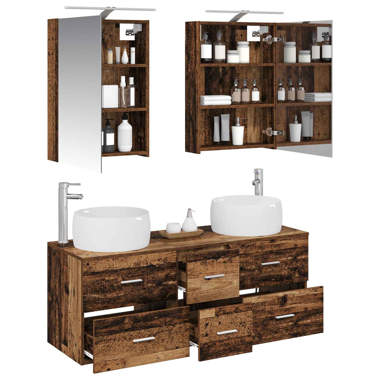 vidaXL Bathroom Furniture Set 5 pcs Old Wood Engineered Wood and Glass