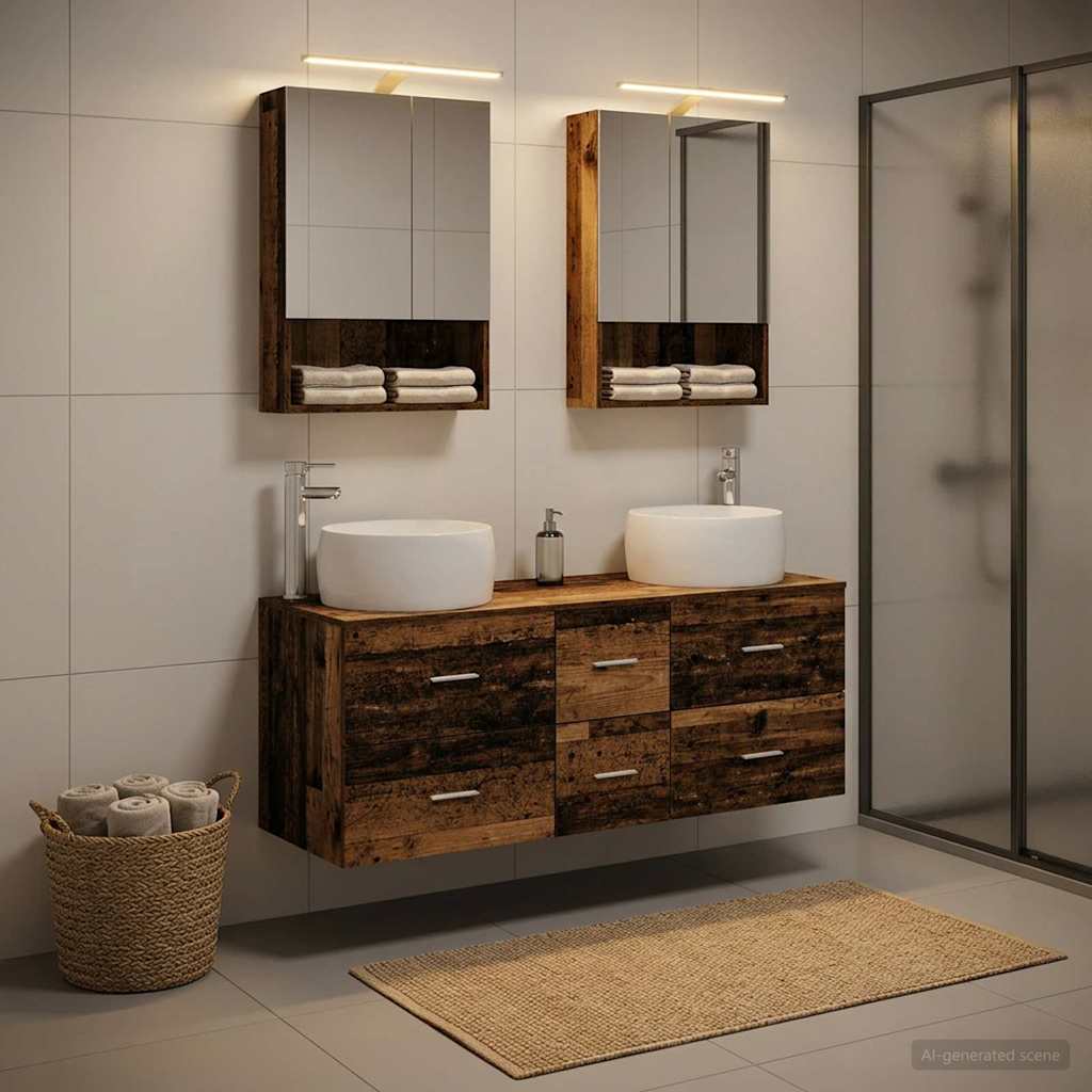 vidaXL Bathroom Furniture Set 5 pcs Old Wood Engineered Wood and Glass
