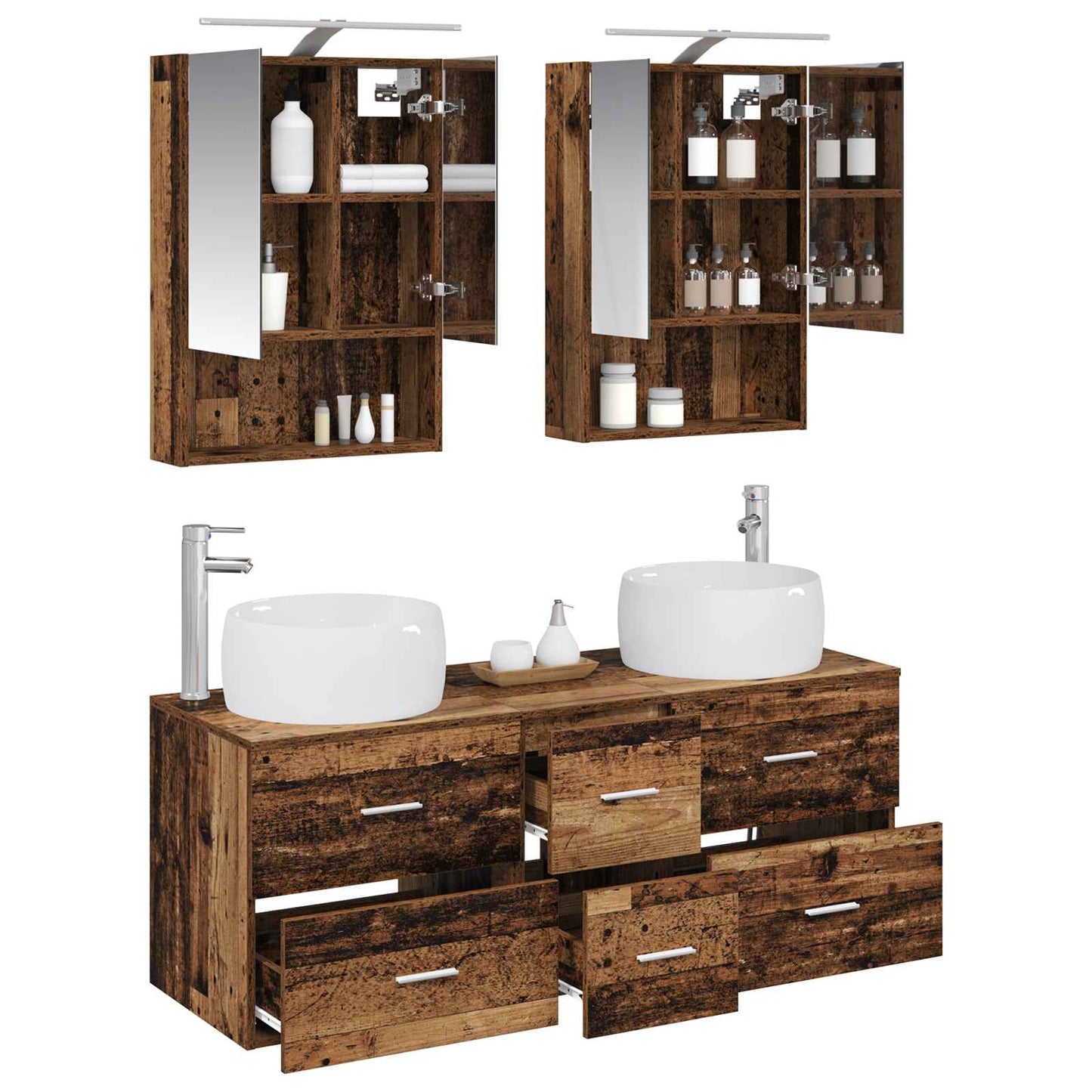 vidaXL Bathroom Furniture Set 5 pcs Old Wood Engineered Wood and Glass