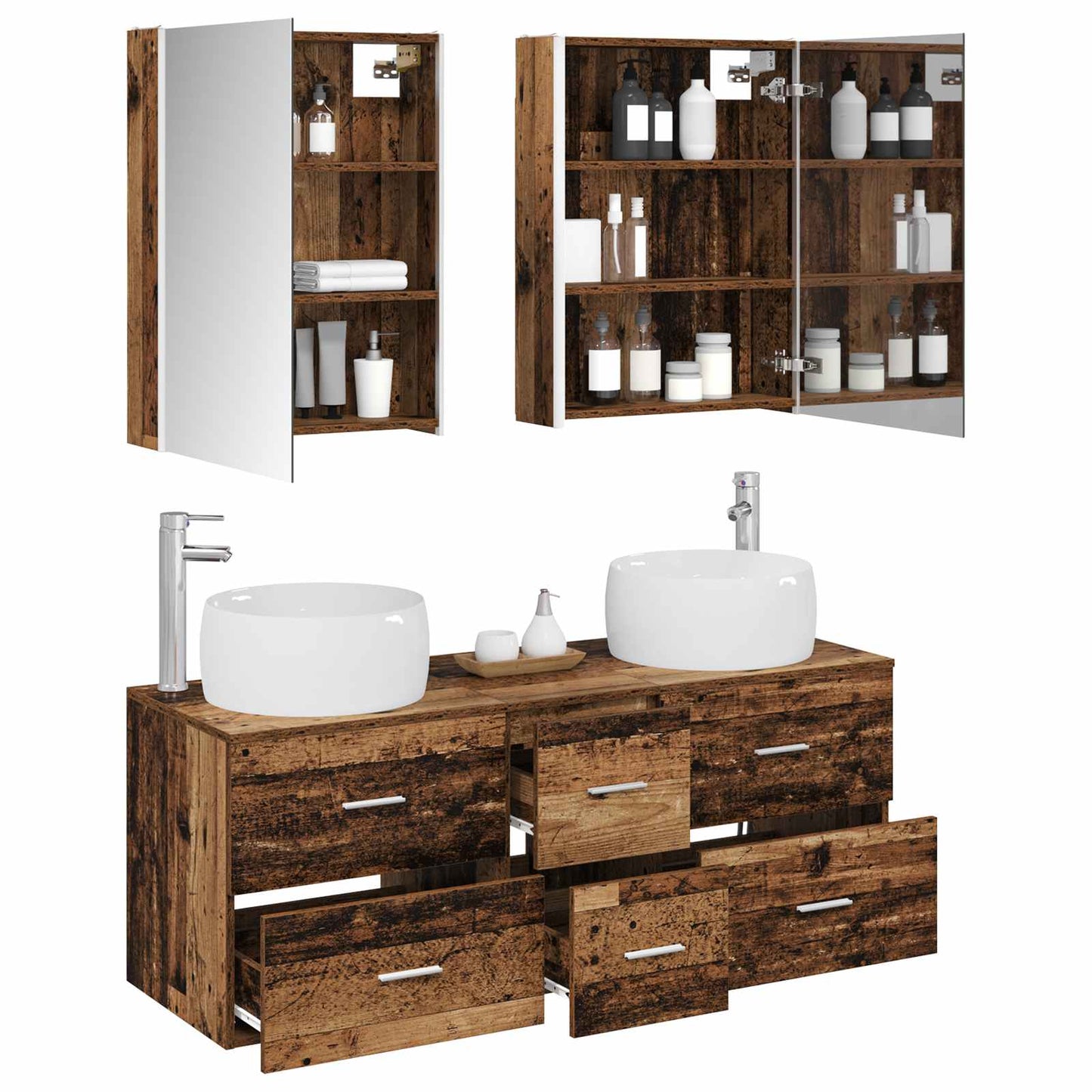 vidaXL Bathroom Furniture Set 5 pcs Old Wood Engineered Wood and Glass