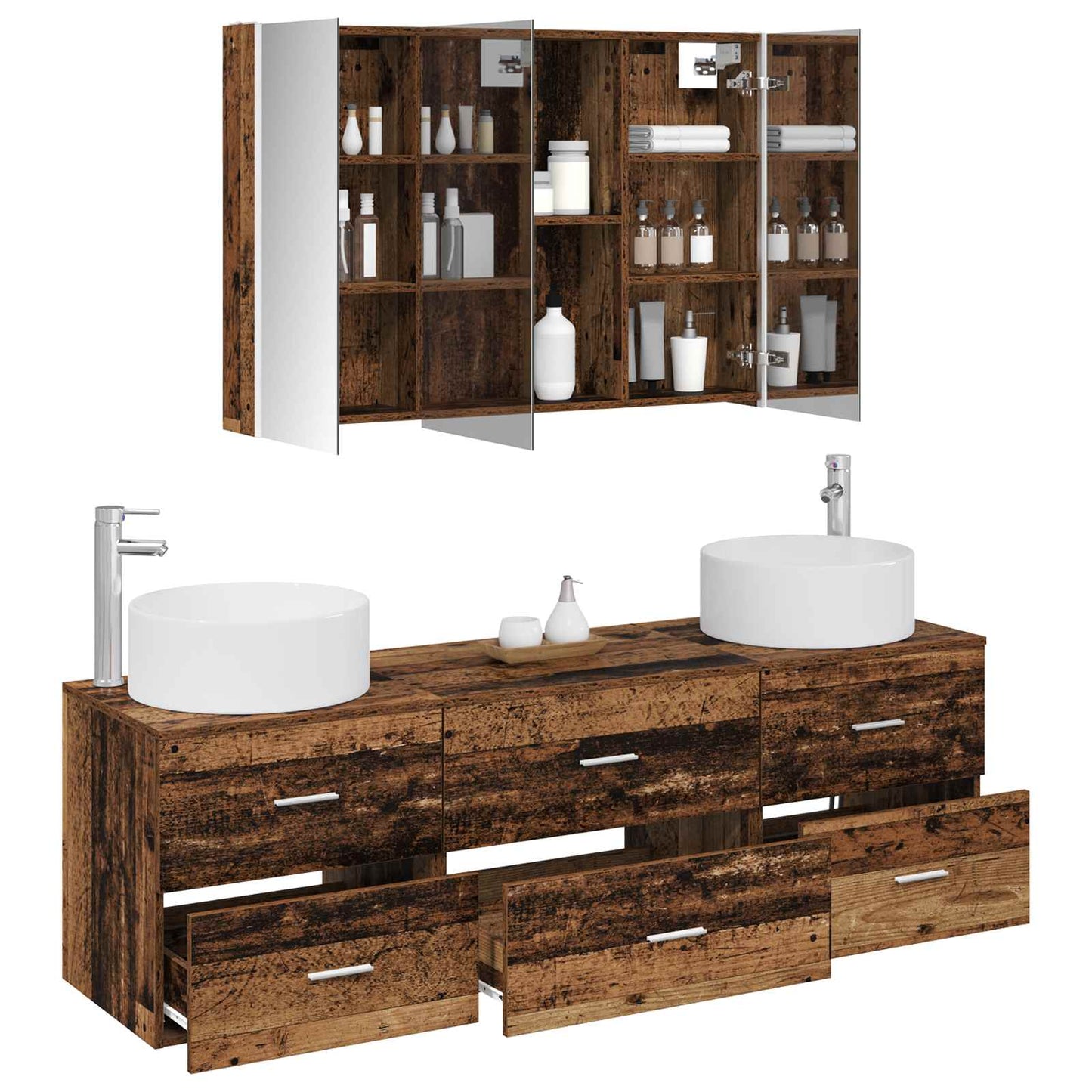 vidaXL Bathroom Furniture Set 4 pcs Old Wood Engineered Wood and Glass