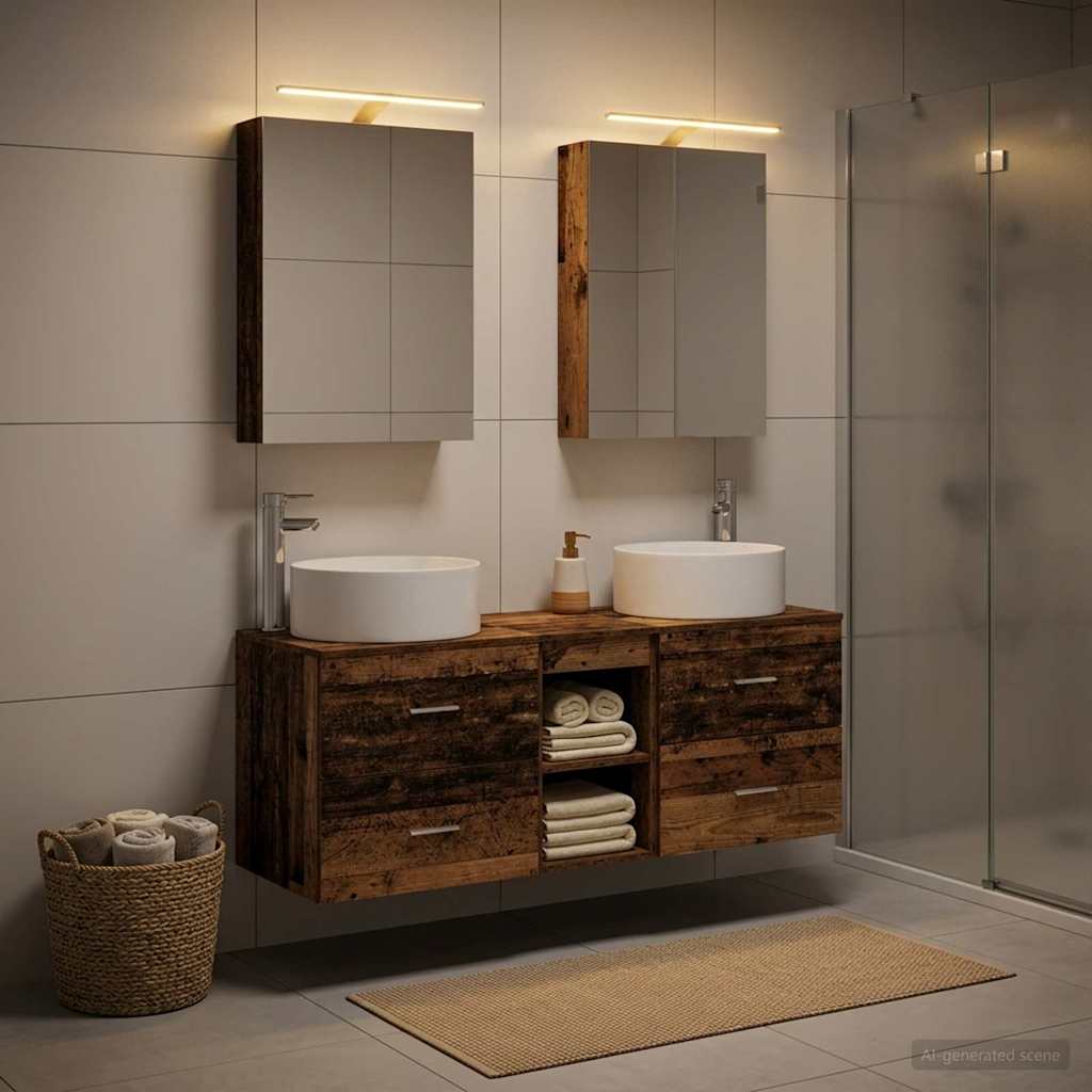 vidaXL Bathroom Furniture Set 5 pcs Old Wood Engineered Wood and Glass