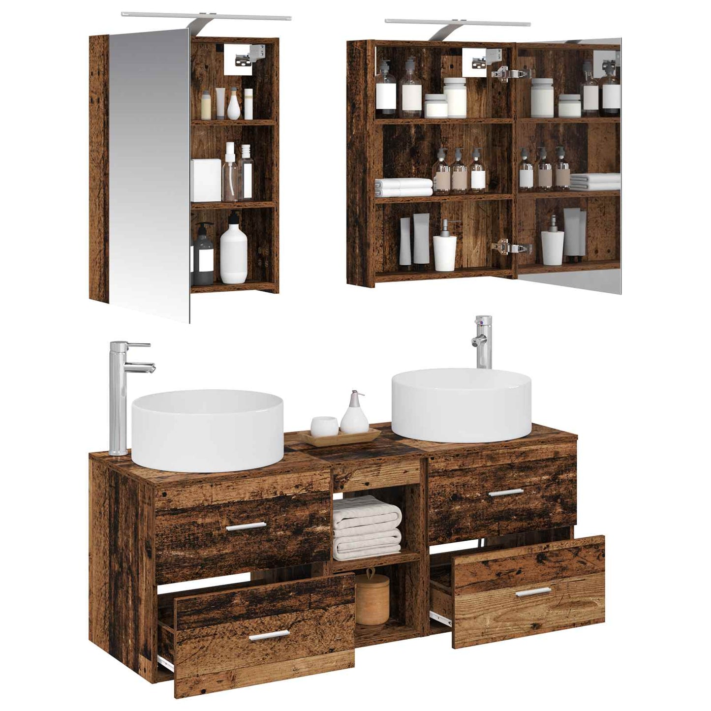 vidaXL Bathroom Furniture Set 5 pcs Old Wood Engineered Wood and Glass