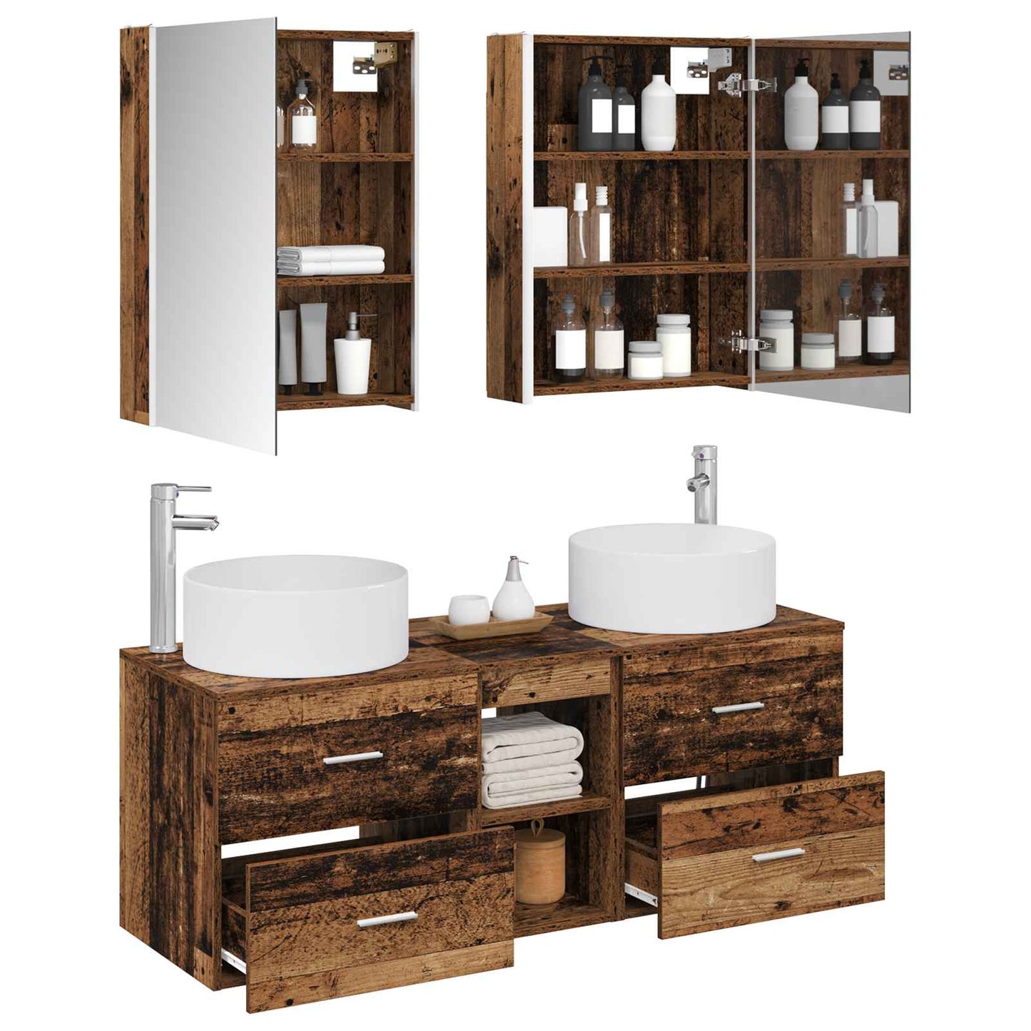 vidaXL Bathroom Furniture Set 5 pcs Old Wood Engineered Wood and Glass