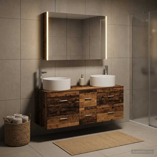 vidaXL Bathroom Furniture Set 4 pcs Old Wood Engineered Wood and Glass