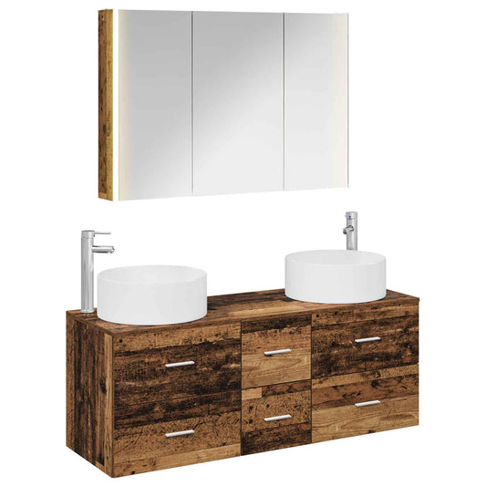 vidaXL Bathroom Furniture Set 4 pcs Old Wood Engineered Wood and Glass
