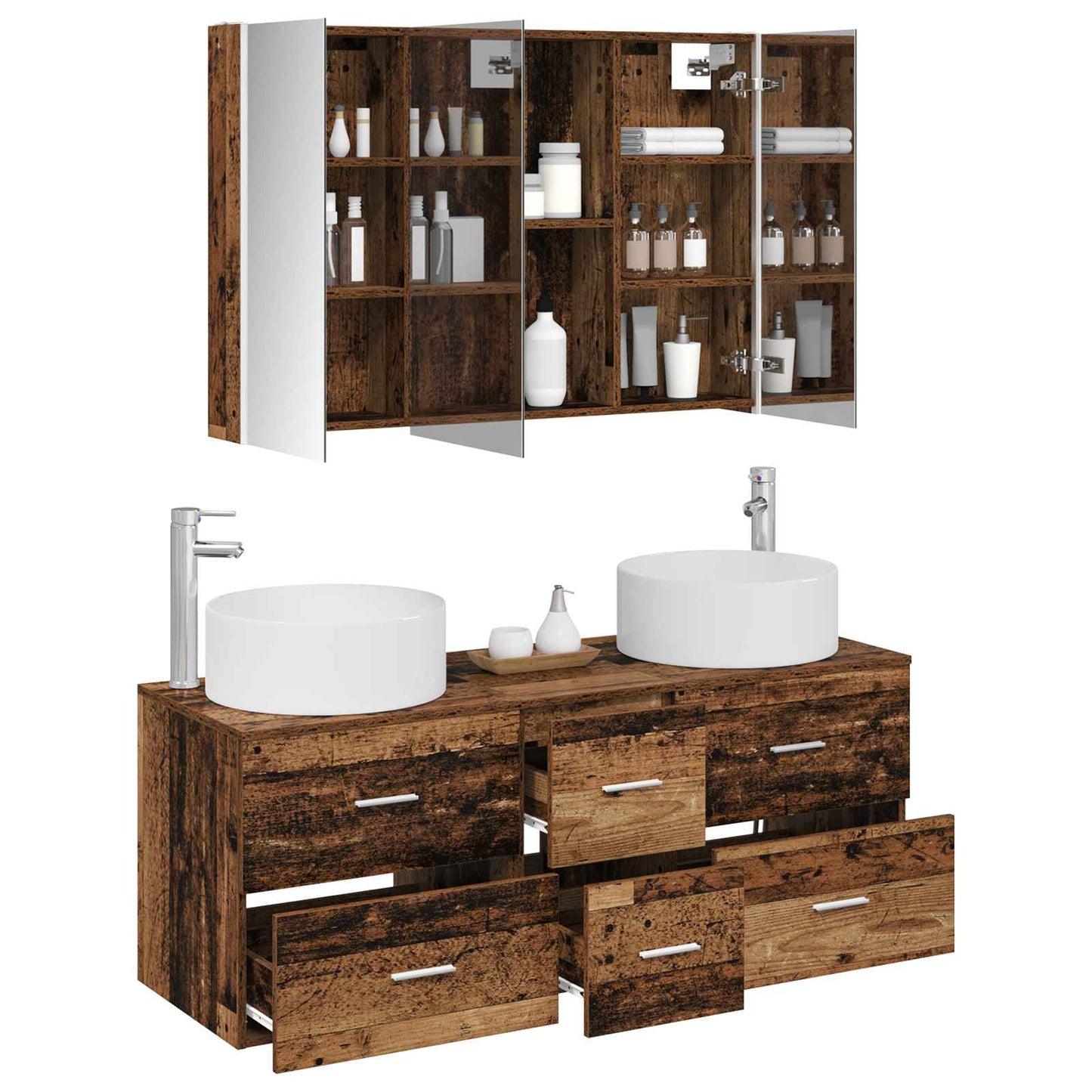 vidaXL Bathroom Furniture Set 4 pcs Old Wood Engineered Wood and Glass