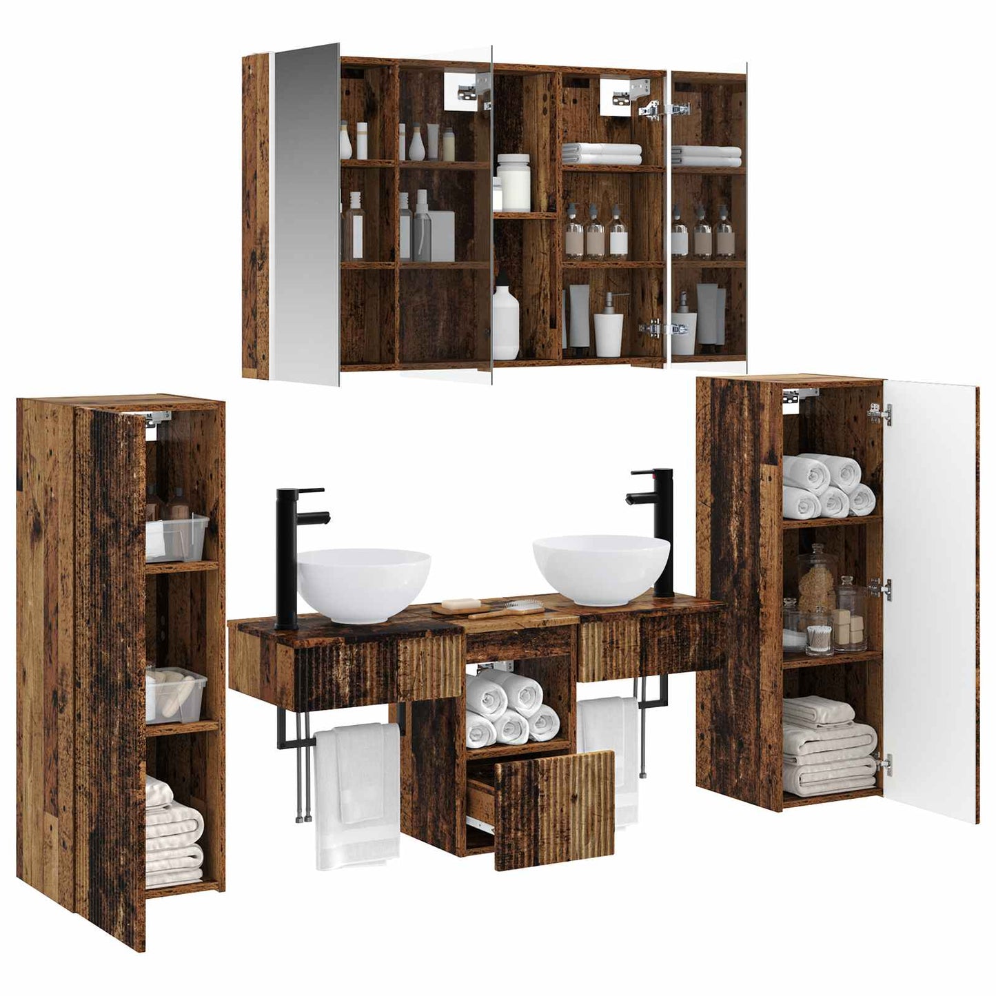vidaXL Bathroom Furniture Set 6 pcs Old Wood Engineered Wood and Glass