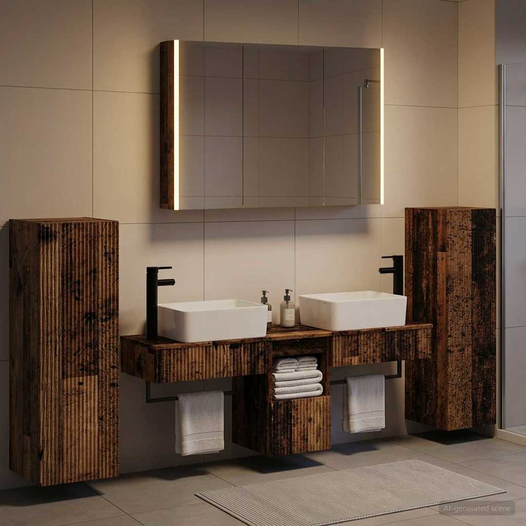 vidaXL Bathroom Furniture Set 6 pcs Old Wood Engineered Wood and Glass