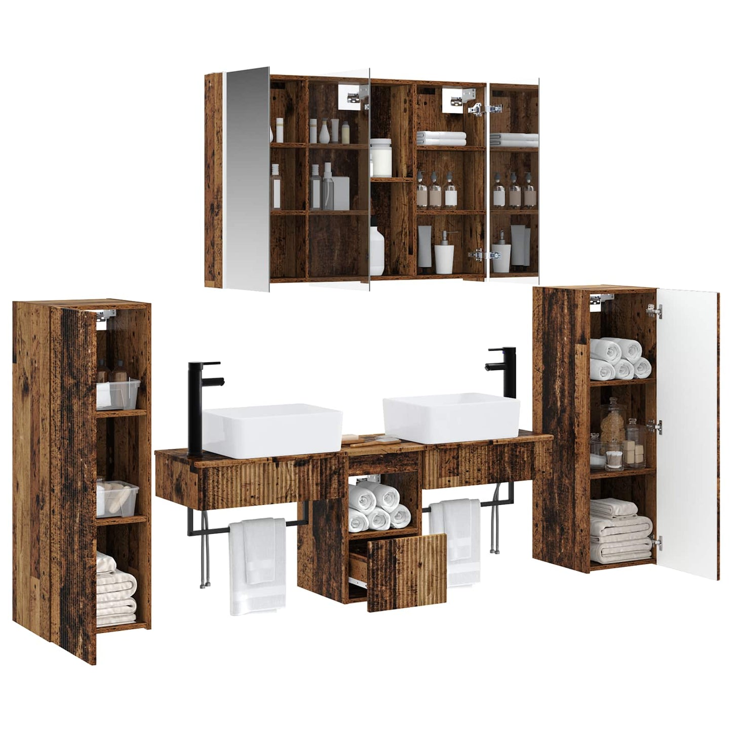 vidaXL Bathroom Furniture Set 6 pcs Old Wood Engineered Wood and Glass