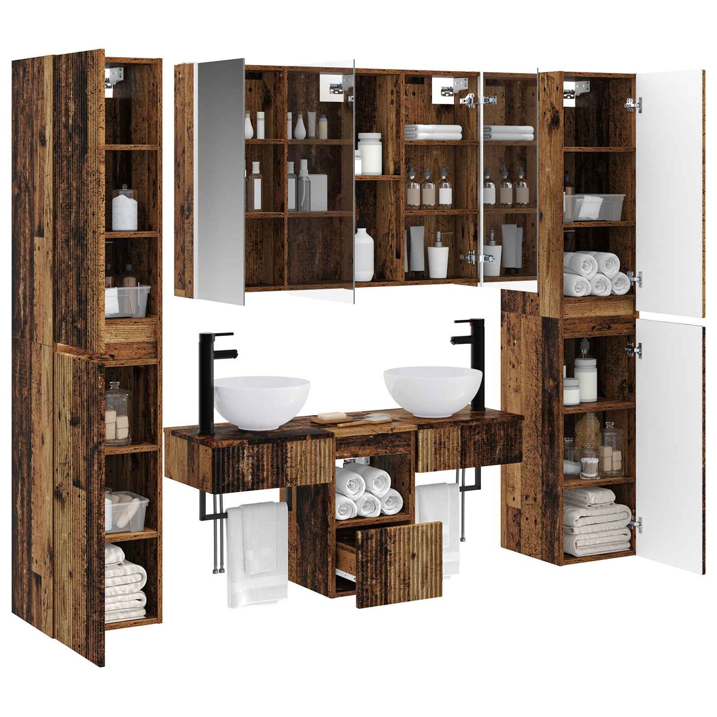 vidaXL Bathroom Furniture Set 6 pcs Old Wood Engineered Wood and Glass