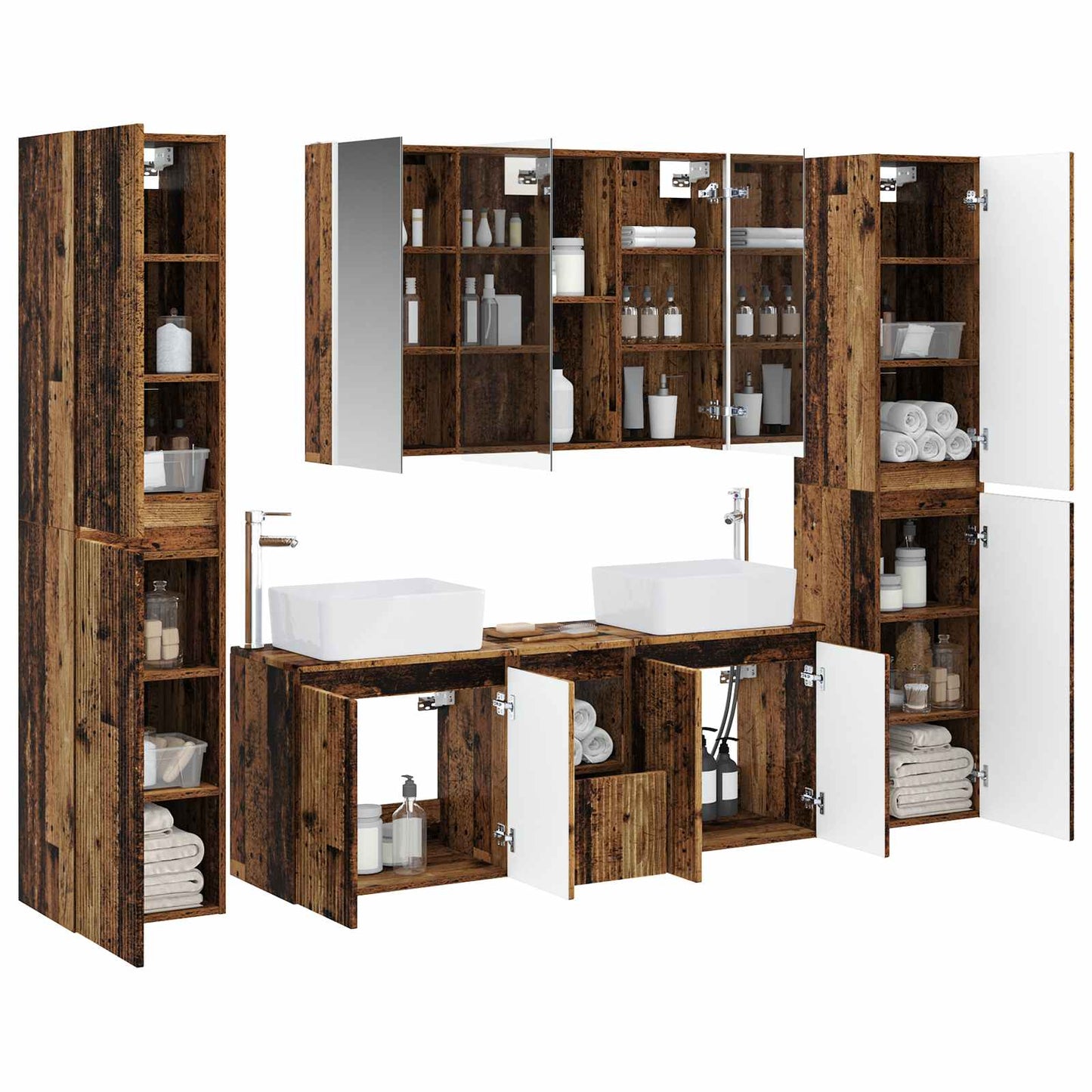 vidaXL Bathroom Furniture Set 6 pcs Old Wood Engineered Wood and Glass