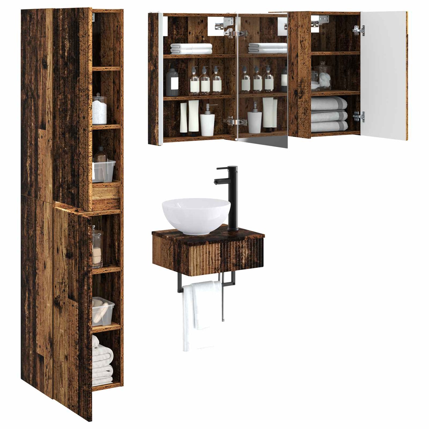 vidaXL Bathroom Furniture Set 5 pcs Old Wood Engineered Wood and Glass