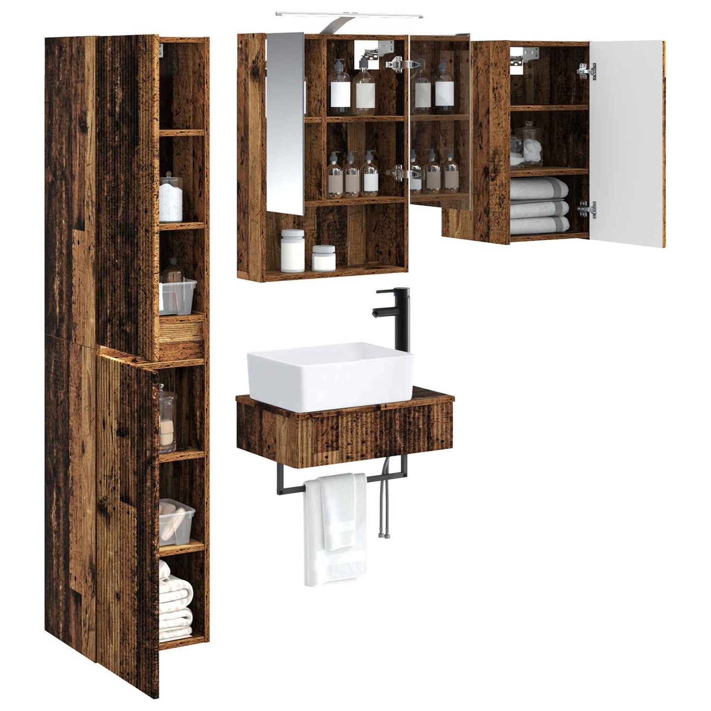 vidaXL Bathroom Furniture Set 5 pcs Old Wood Engineered Wood and Glass