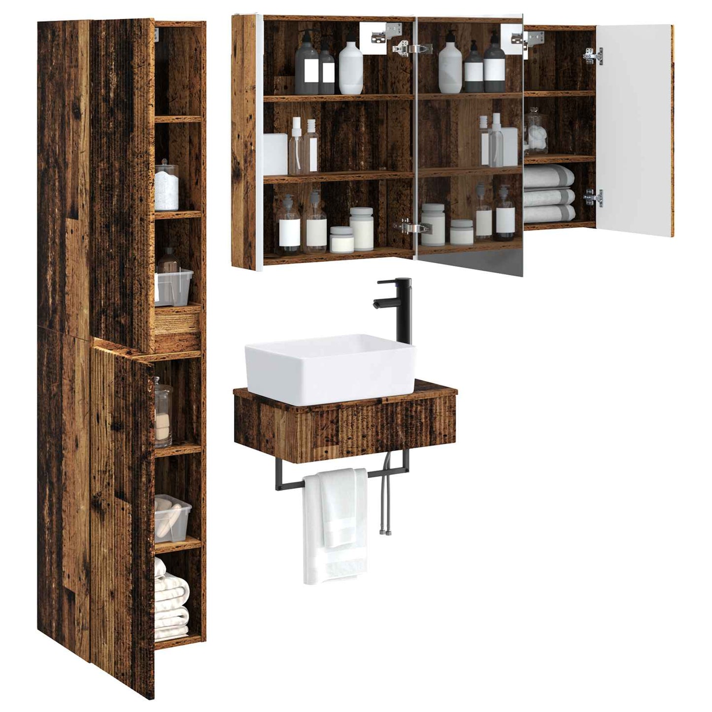 vidaXL Bathroom Furniture Set 5 pcs Old Wood Engineered Wood and Glass