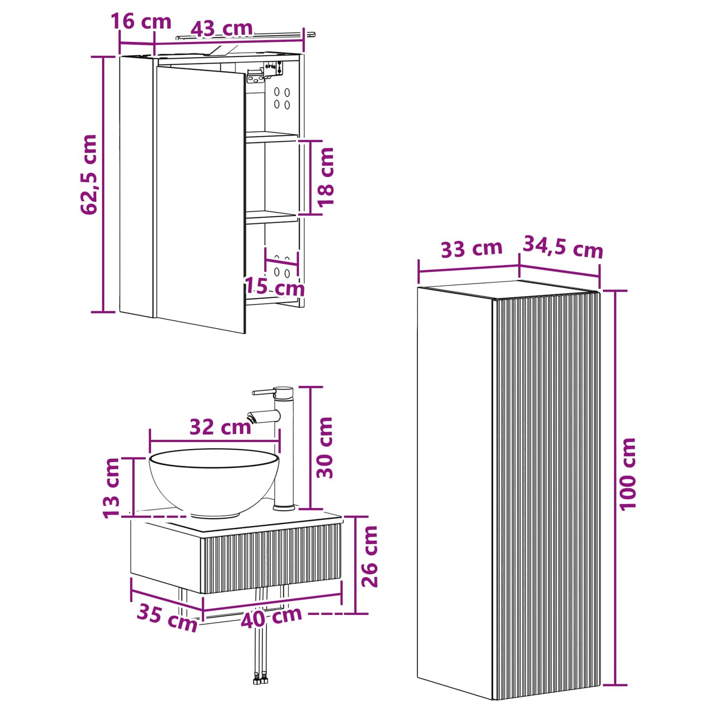 vidaXL Bathroom Cabinet Set 4 pcs Sonoma Oak 43 x 16 x 62.5 cm