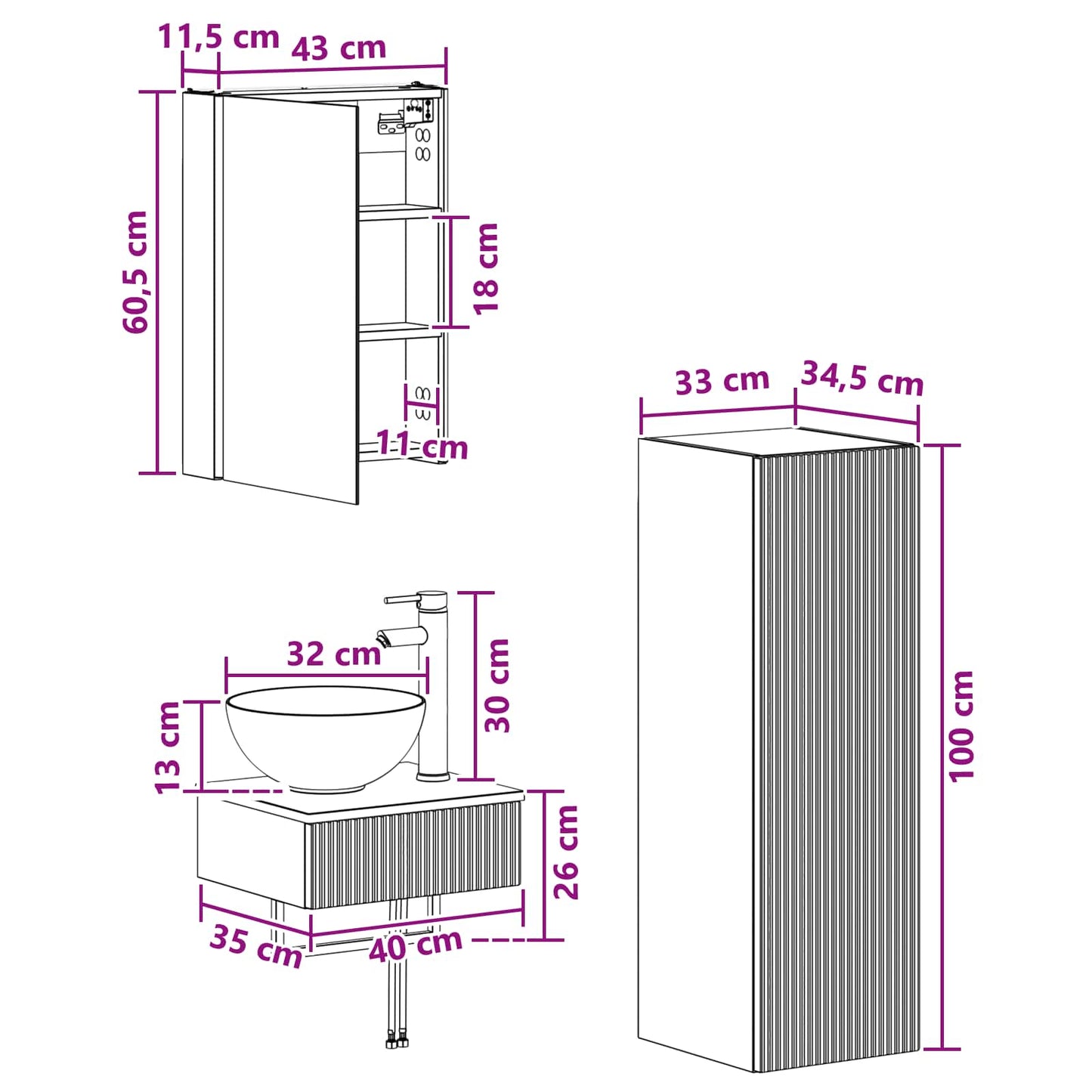 vidaXL Bathroom Cabinet Set 4 pcs Grey Sonoma 43 x 11.5 x 60.5 cm