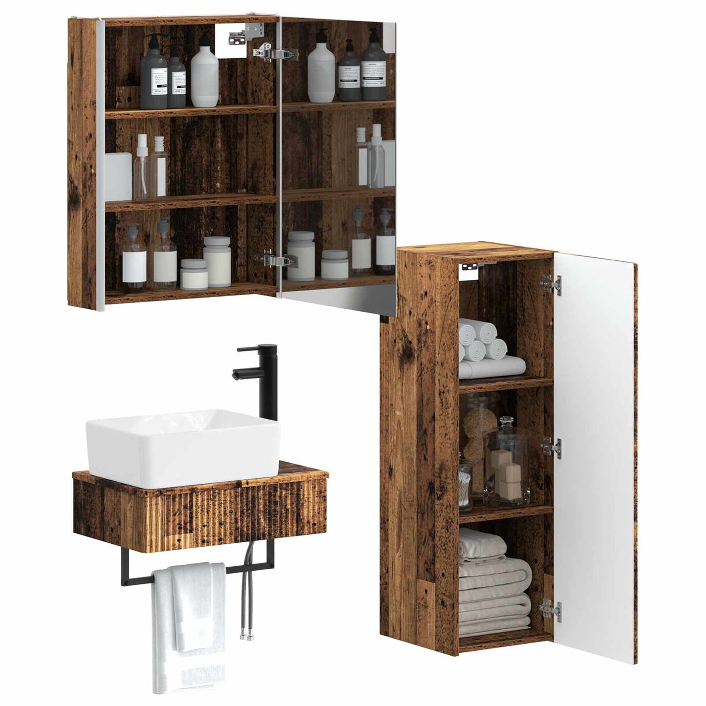 vidaXL Bathroom Furniture Set 4 pcs Old Wood Engineered Wood and Glass
