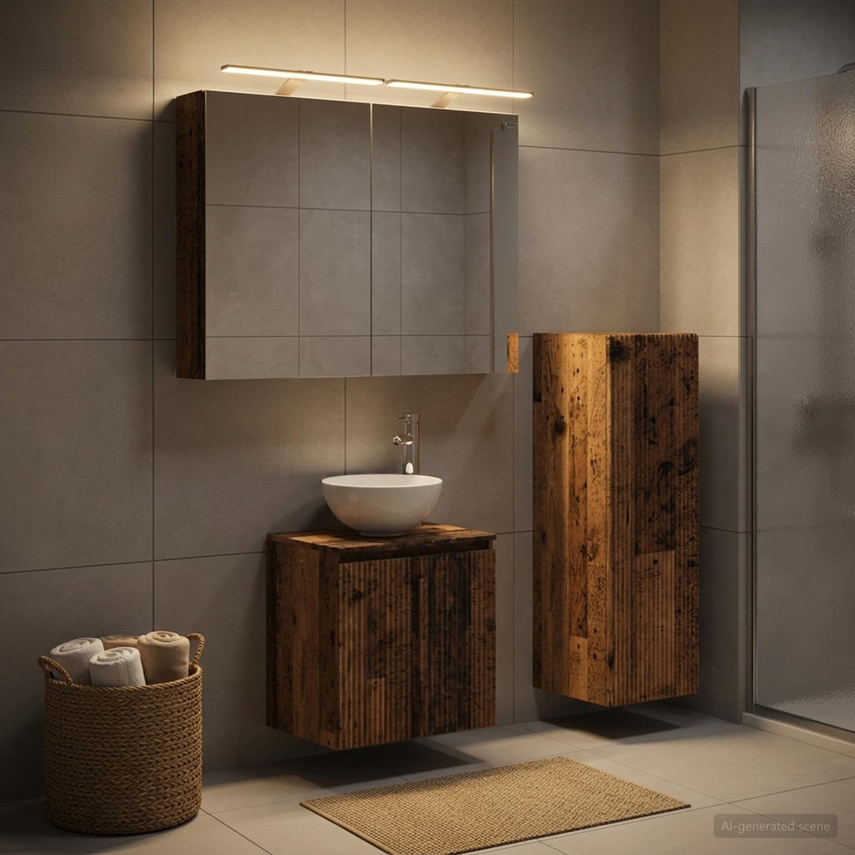 vidaXL Bathroom Furniture Set 4 pcs Old Wood Engineered Wood and Glass