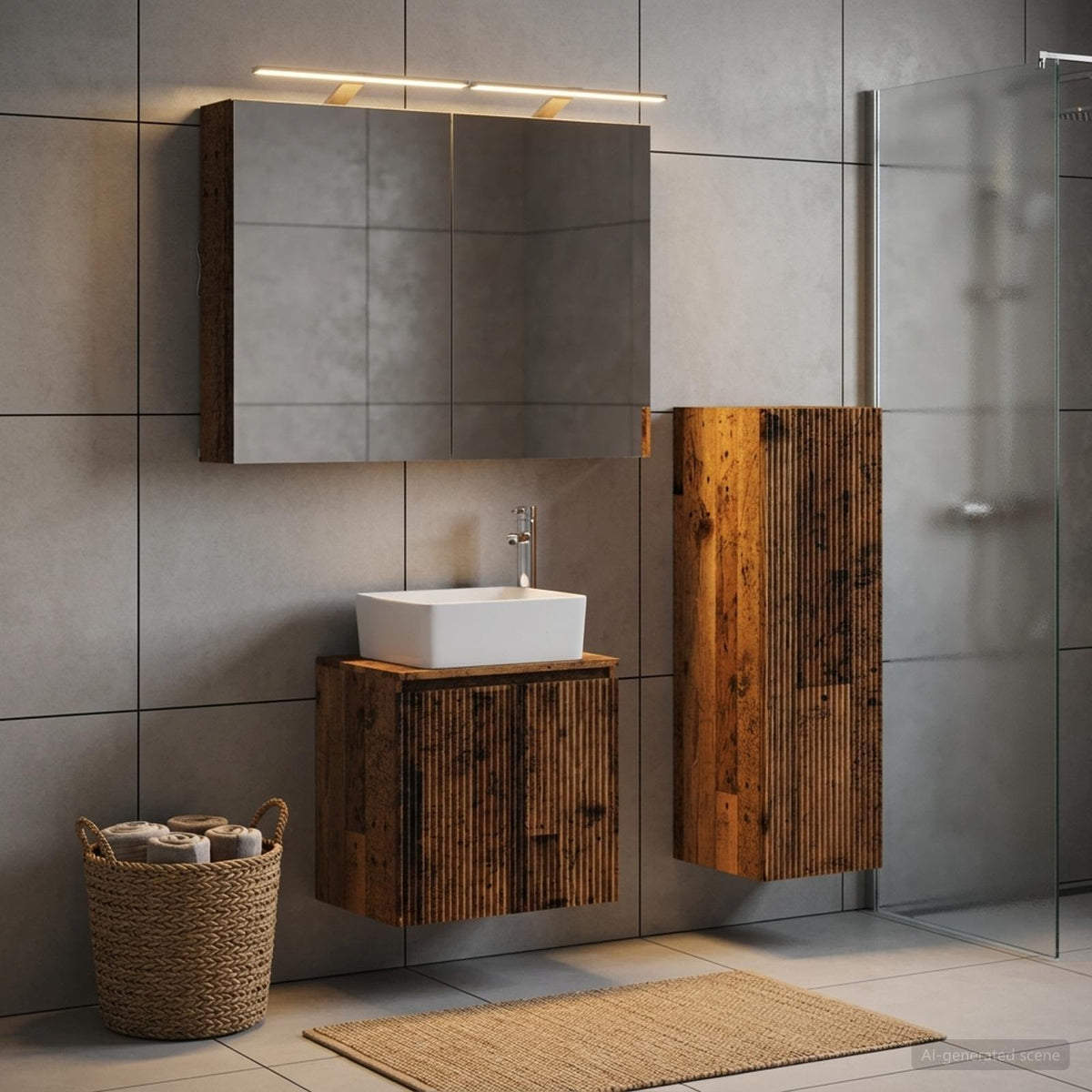 vidaXL Bathroom Furniture Set 4 pcs Old Wood Engineered Wood and Glass