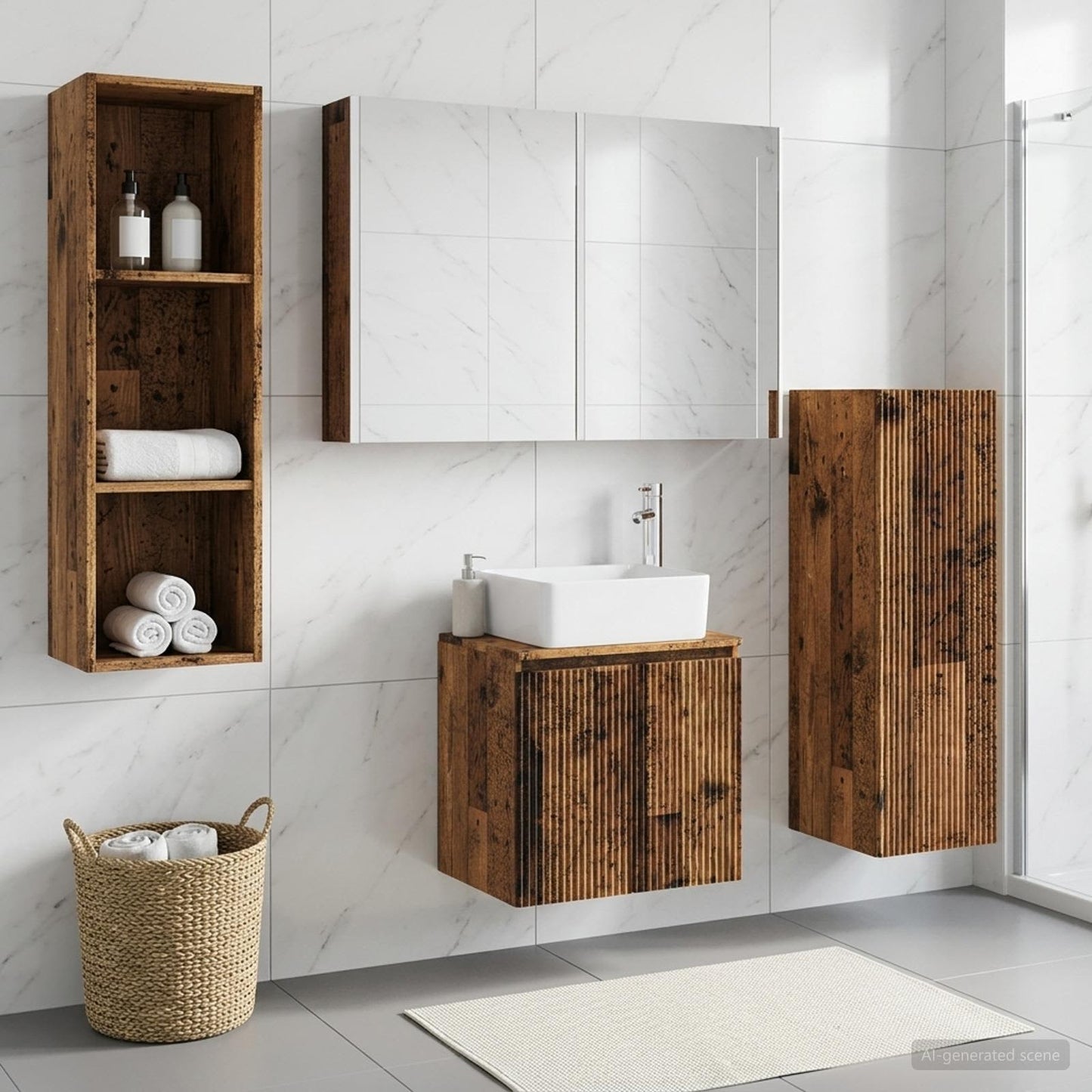 vidaXL Bathroom Furniture Set 4 pcs Old Wood Engineered Wood and Glass