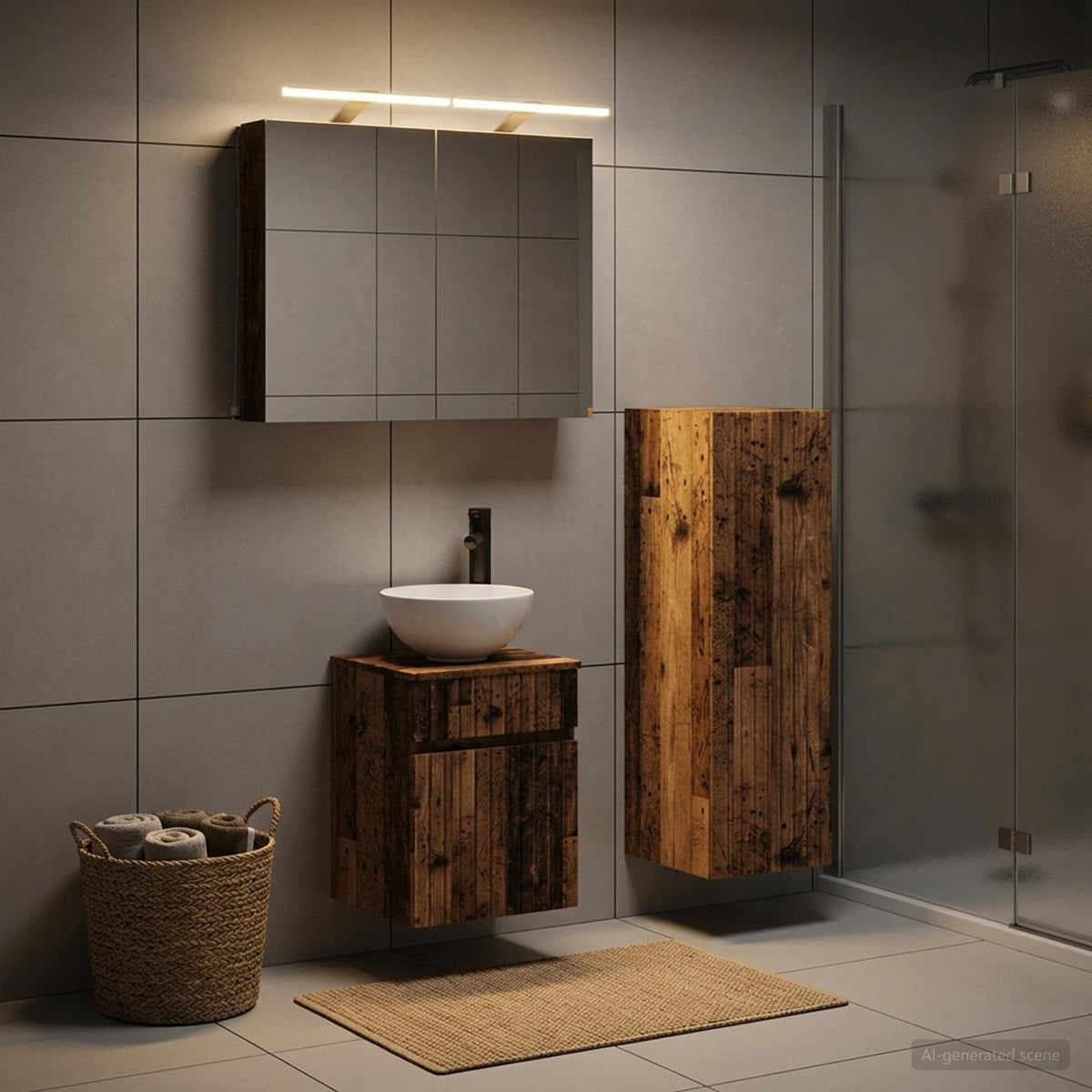 vidaXL Bathroom Furniture Set 4 pcs Old Wood Engineered Wood and Glass