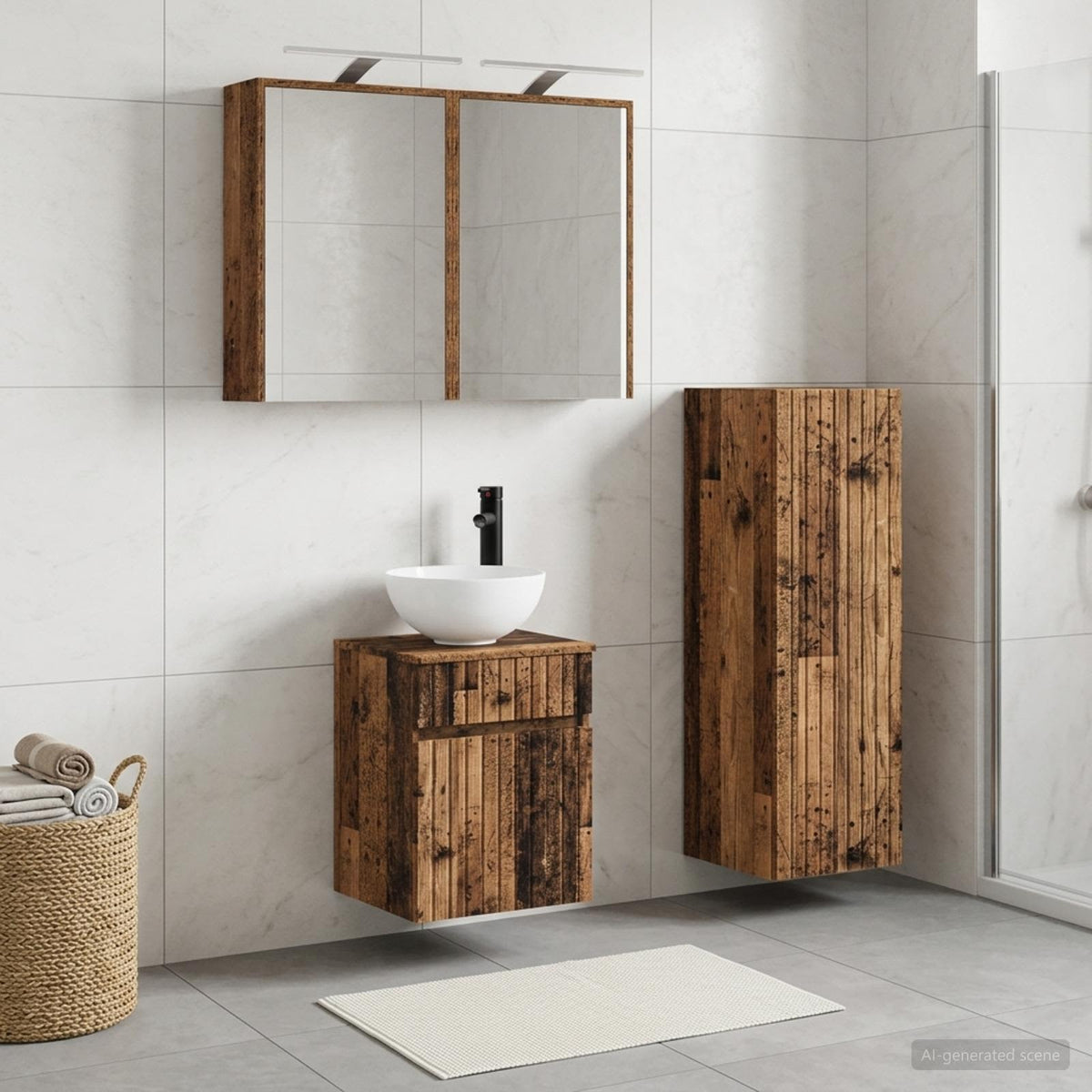 vidaXL Bathroom Furniture Set 4 pcs Old Wood Engineered Wood and Glass