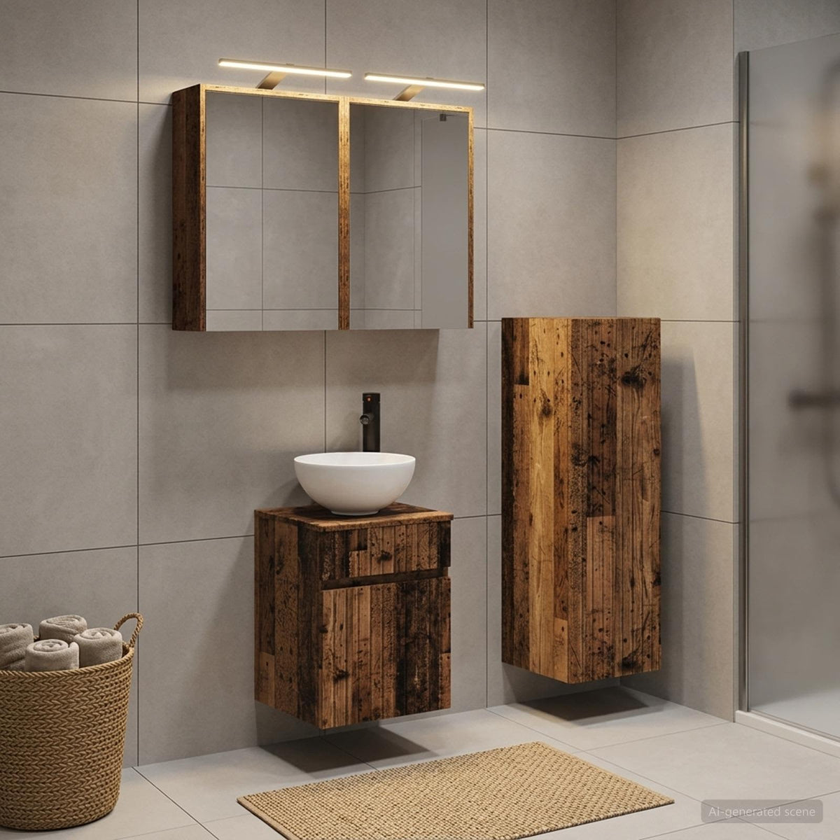 vidaXL Bathroom Furniture Set 4 pcs Old Wood Engineered Wood and Glass