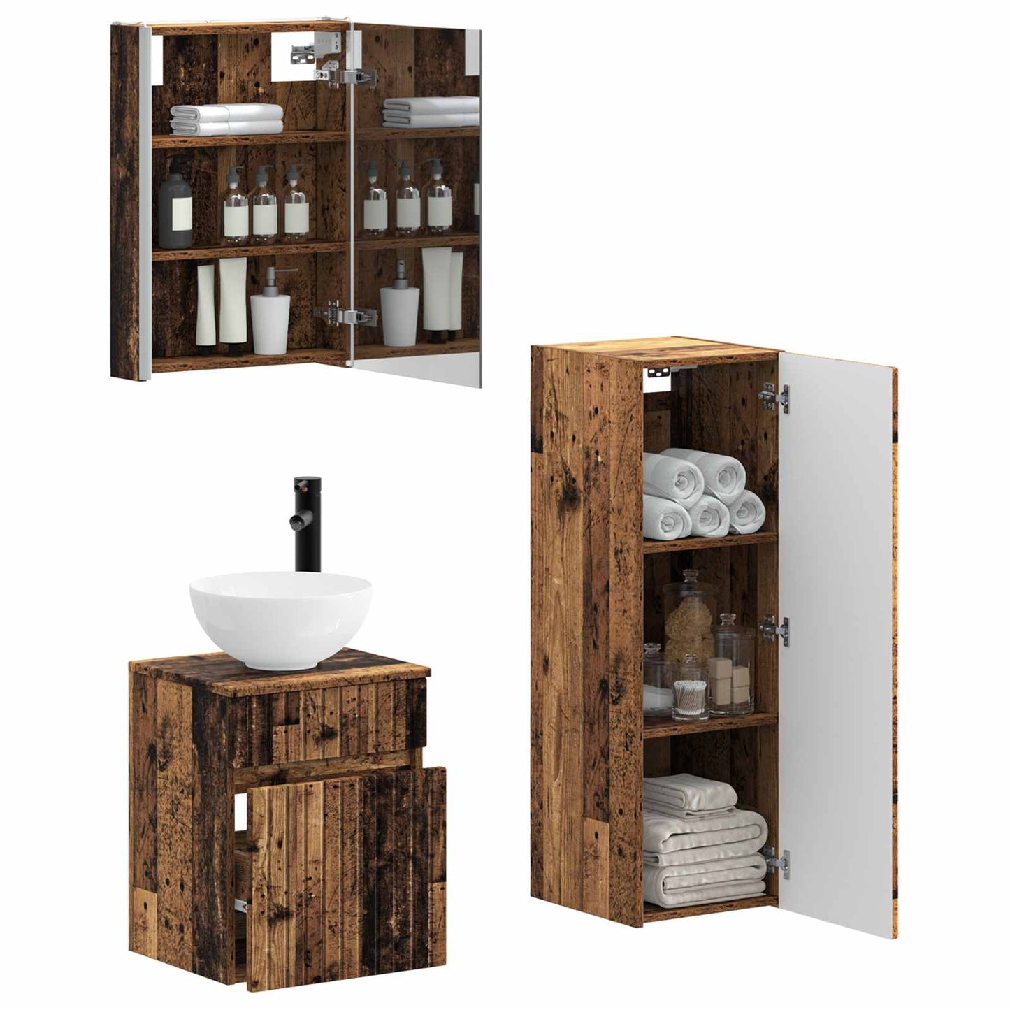vidaXL Bathroom Furniture Set 4 pcs Old Wood Engineered Wood and Glass