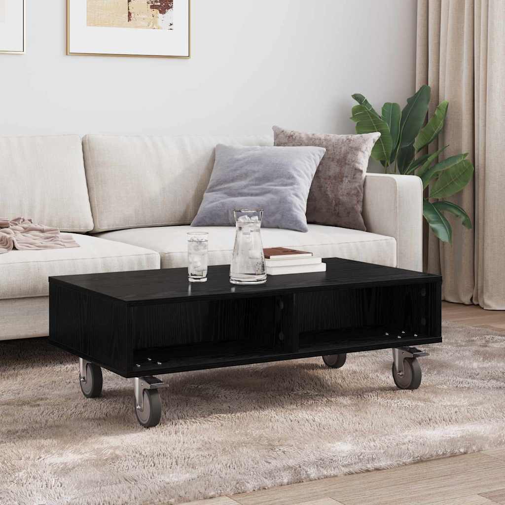 vidaXL Side Table with Wheels Black Oak 90 x 50 x 30 cm