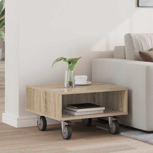 vidaXL Side Table with Wheels Sonoma Oak 50.5 x 50 x 30 cm