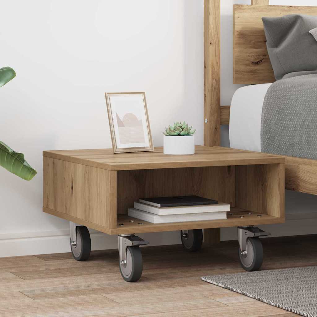 vidaXL Side Table with Wheels Artisan Oak 50.5 x 50 x 30 cm