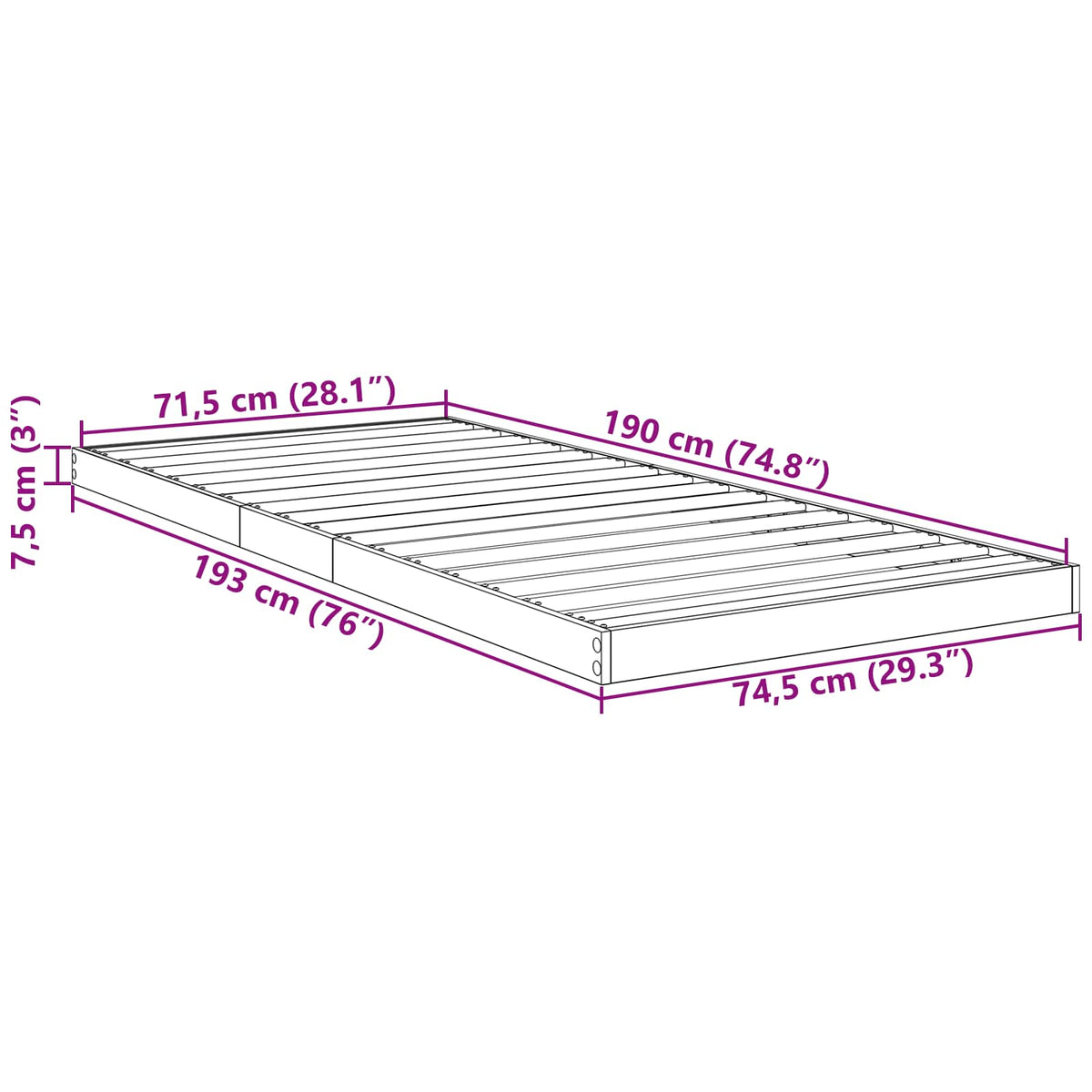 vidaXL Floor Bed Frame Grey sonoma 75 x 190 cm Engineered Wood