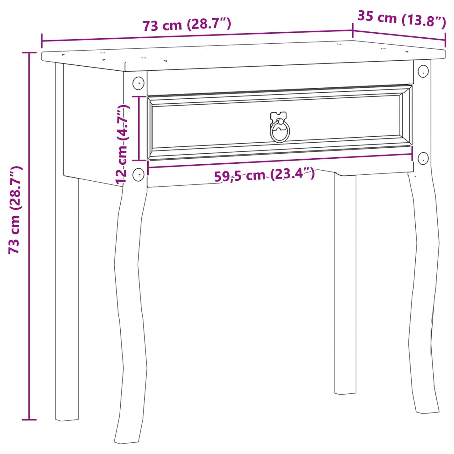 vidaXL Console table with Drawer White 73 x 35 x 73 cm Solid Pine Wood