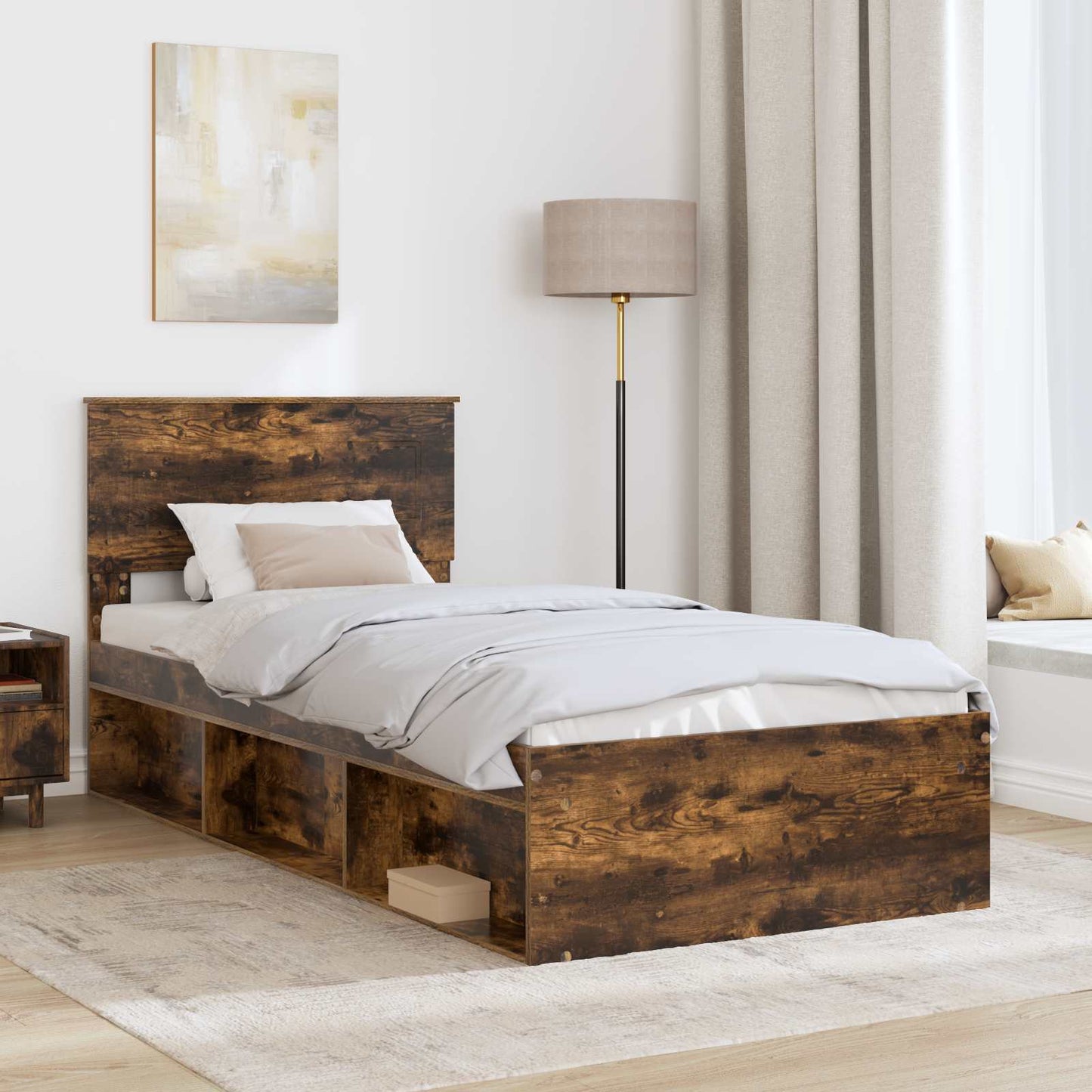 vidaXL Bed Frame with Headboard Smoked Oak 90 x 200 cm Engineered wood