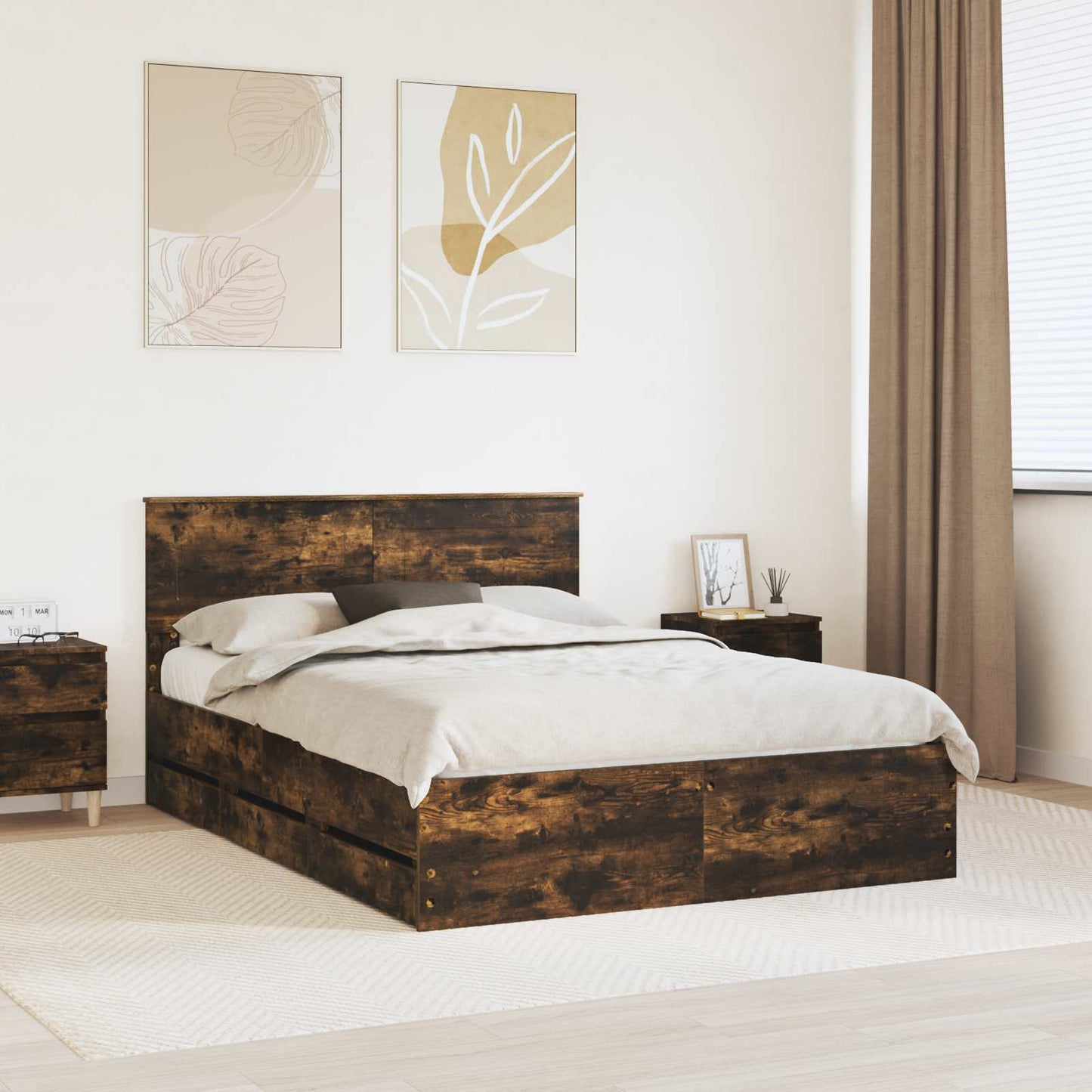 vidaXL Bed Frame with Drawer Smoked Oak 150 x 200 cm Engineer Wood