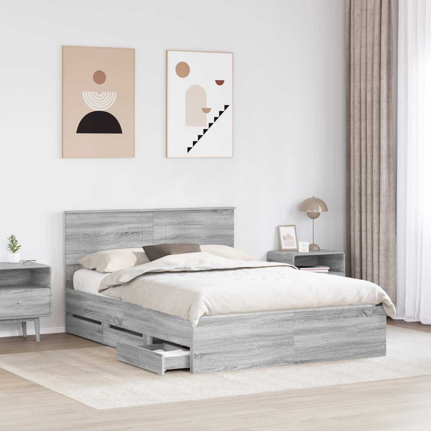 vidaXL Bed Frame with Drawer Grey Sonoma 150 x 200 cm Engineer Wood