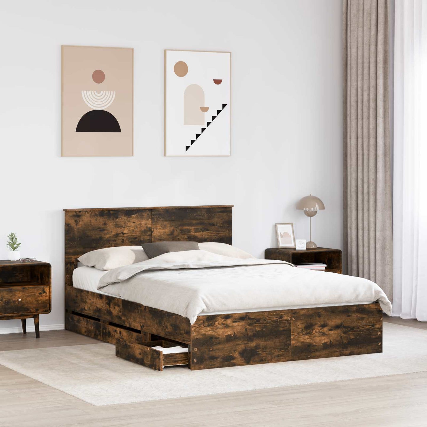 vidaXL Bed Frame with Drawer Smoked Oak 140 x 190 cm Engineer Wood
