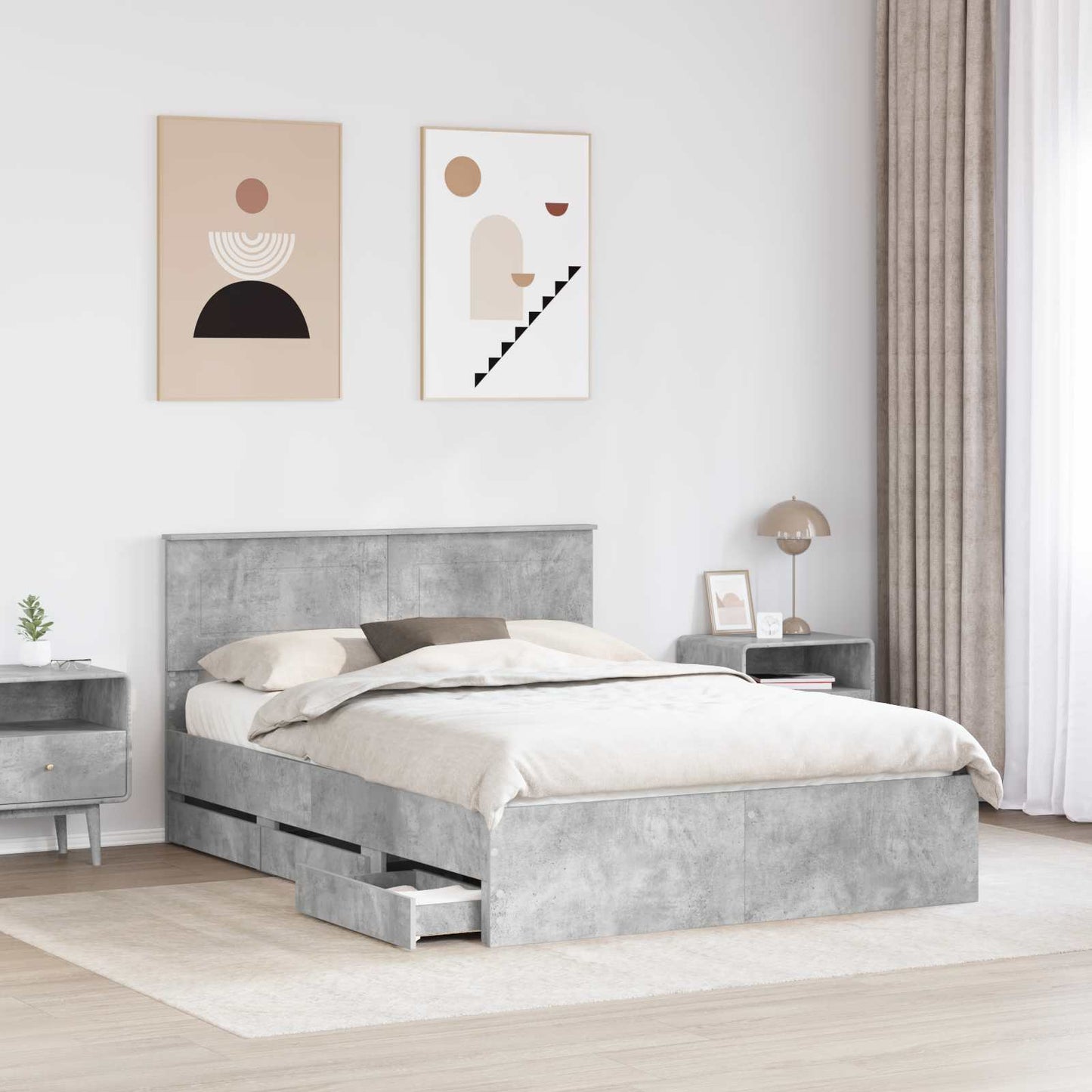 vidaXL Bed Frame with Drawer Concrete Grey 140 x 200 cm Engineer Wood