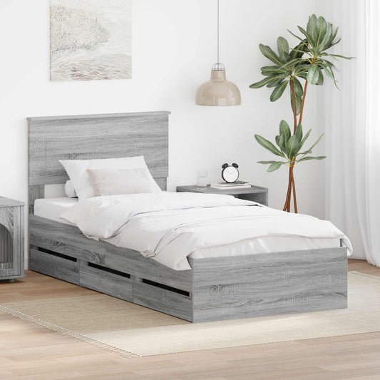 vidaXL Bed Frame with Drawer Grey Sonoma 90 x 190 cm Engineer Wood