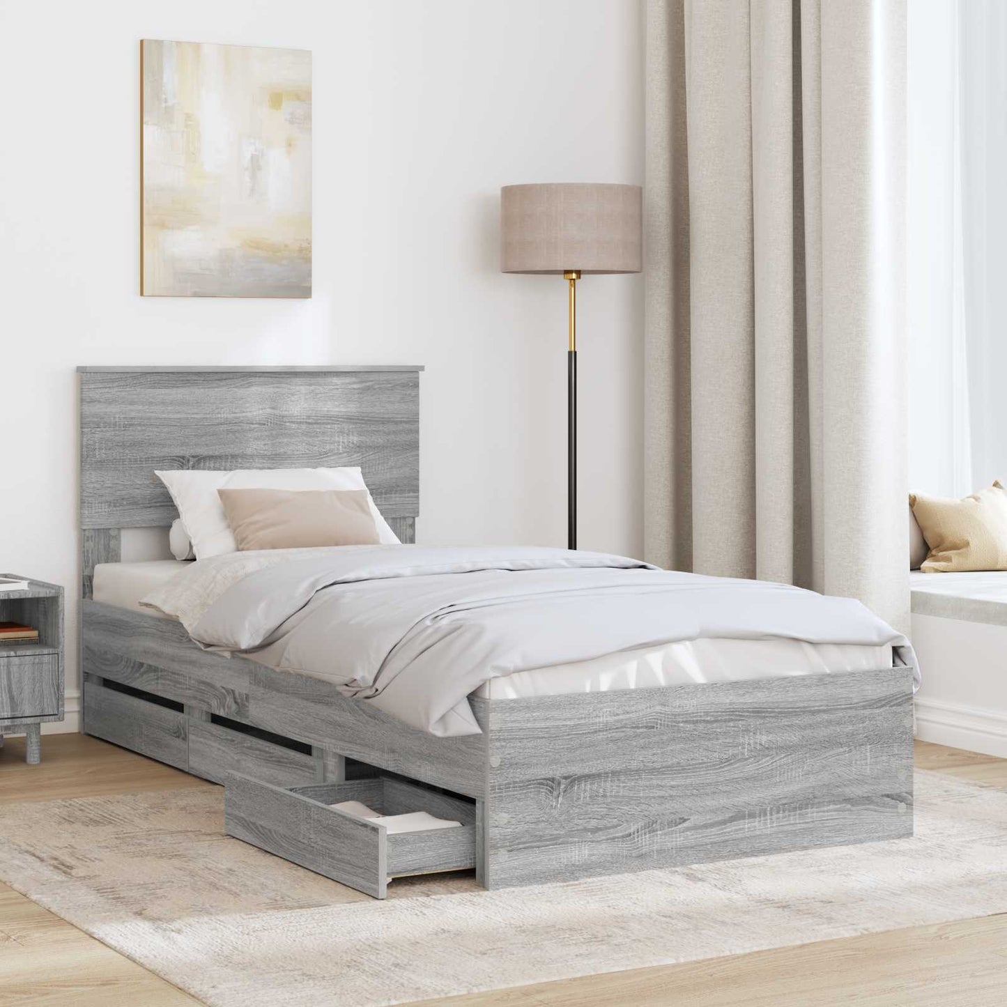 vidaXL Bed Frame with Drawer Grey Sonoma 90 x 190 cm Engineer Wood
