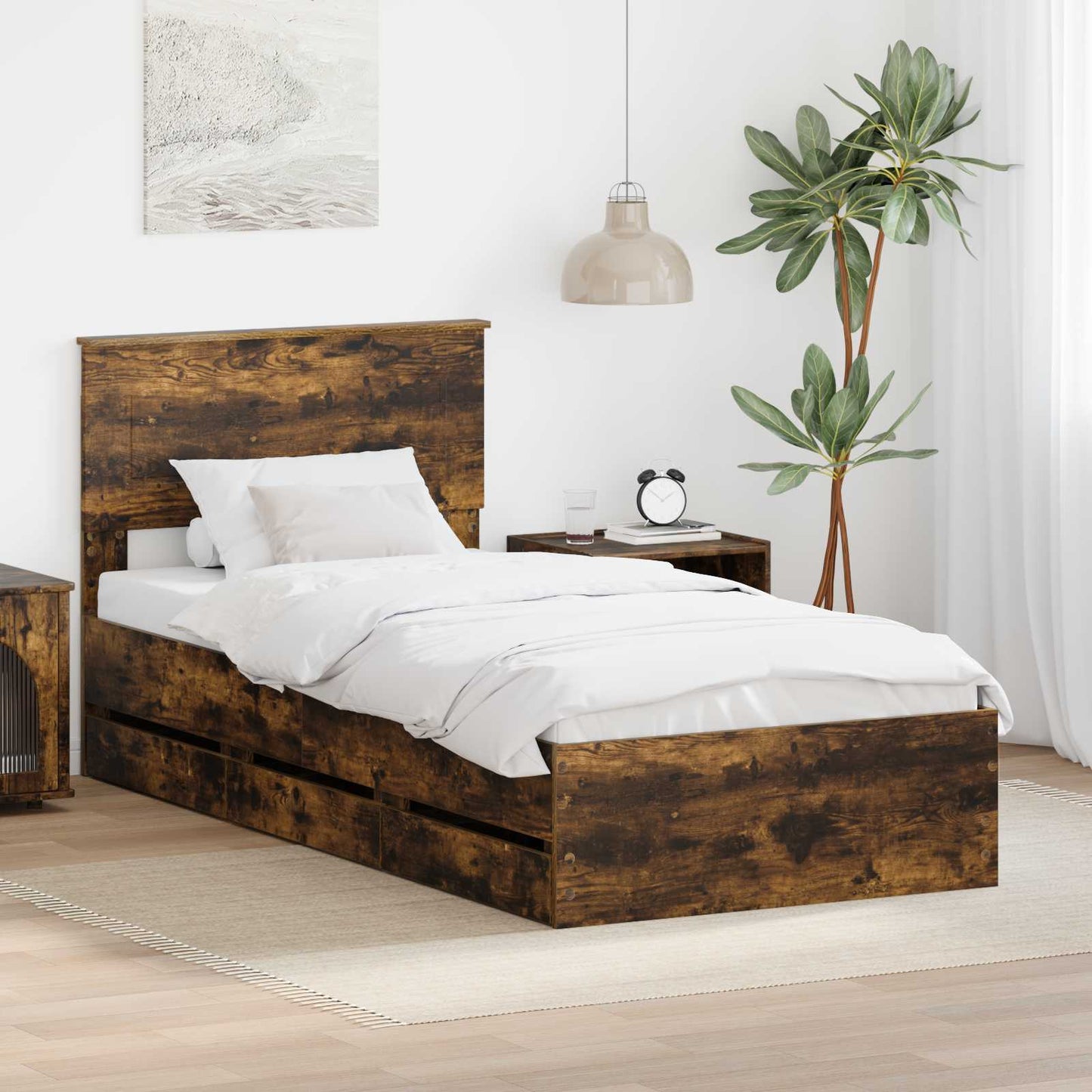 vidaXL Bed Frame with Drawer Smoked Oak 90 x 200 cm Engineer Wood
