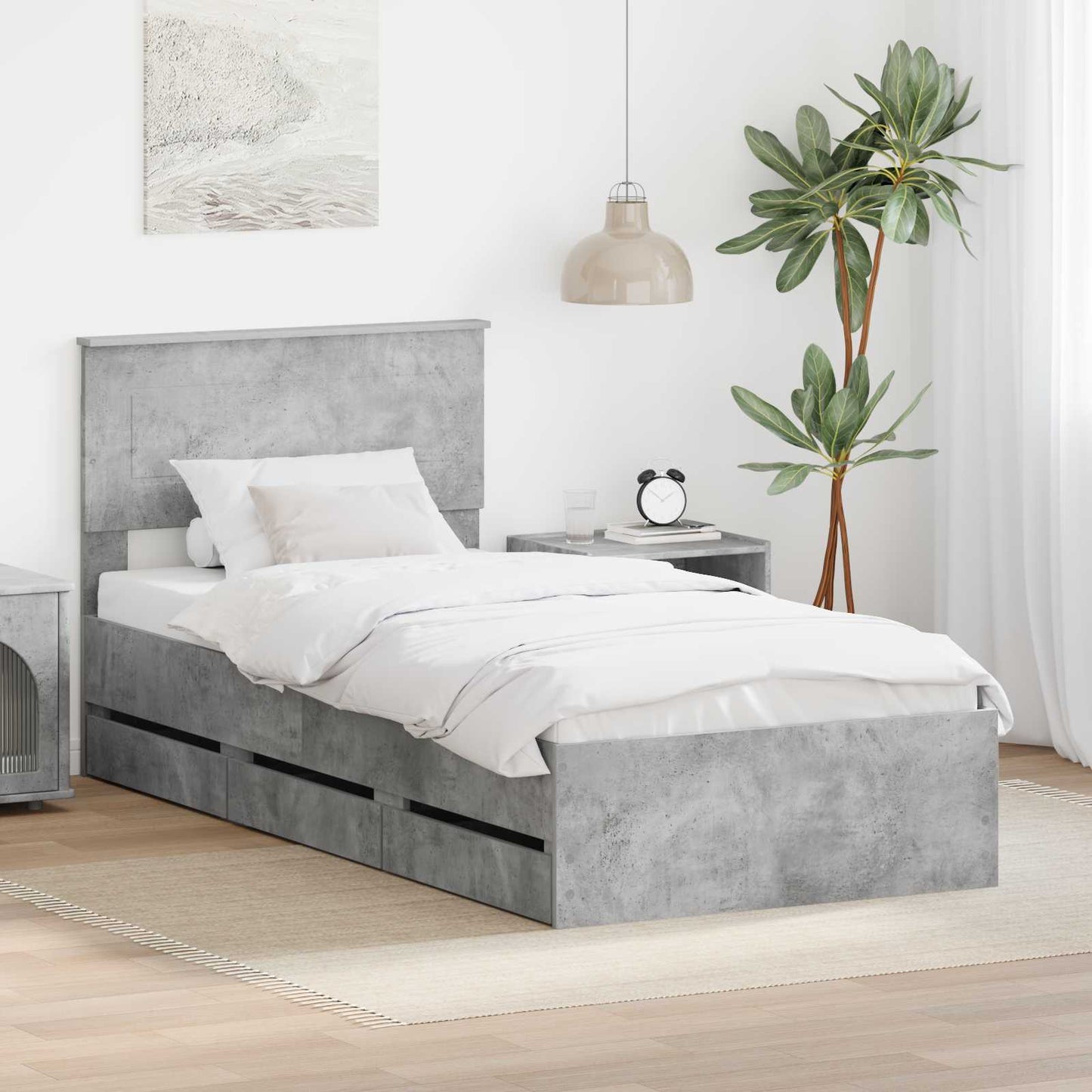 vidaXL Bed Frame with Drawer Concrete Grey 75 x 190 cm Engineer Wood