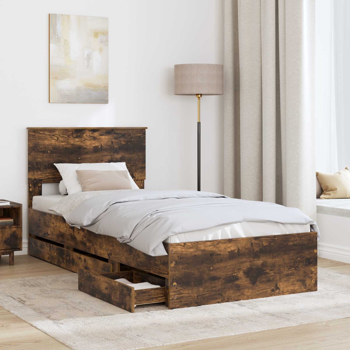 vidaXL Bed Frame with Drawer Smoked Oak 75 x 190 cm Engineer Wood