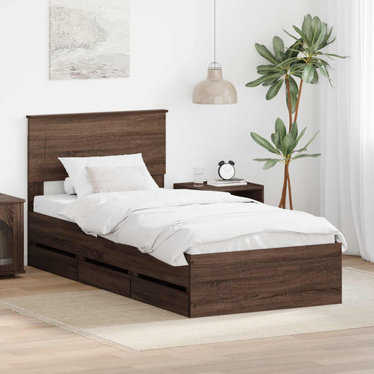 vidaXL Bed Frame with Drawer Brown Oak 75 x 190 cm Engineer Wood