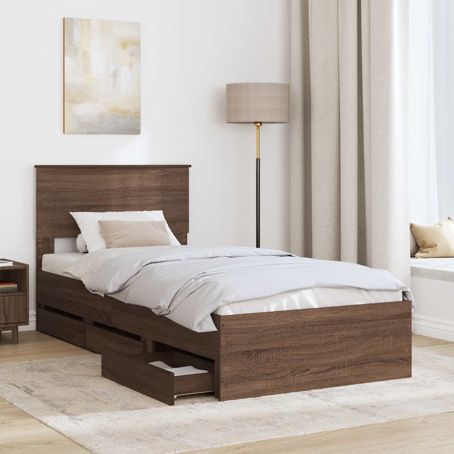 vidaXL Bed Frame with Drawer Brown Oak 75 x 190 cm Engineer Wood
